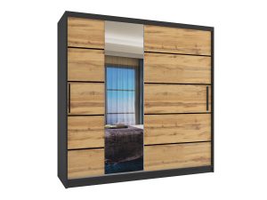 Kleiderschrank 200 cm Belini schwarz matt / Wotan-Eiche mit Schiebetüren mit Spiegel und Schubladen Hersteller MBP SZP5/1/B/DW/0/KLP