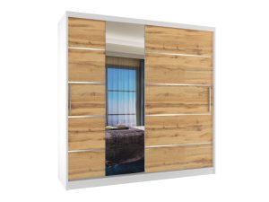 Kleiderschrank 200 cm Belini weiß matt / Wotan-Eiche mit Schiebetüren mit Spiegel und Schubladen Hersteller MBP SZP5/1/W/DW/0/KLAL