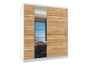 Kleiderschrank 133 cm Belini weiß matt / Wotan-Eiche mit Schiebetüren mit Spiegel und Schubladen Hersteller MBP SZP6/1/W/DW/0/KLAL
