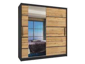 Kleiderschrank 158 cm Belini schwarz matt / Wotan-Eiche mit Schiebetüren mit Spiegel und Schubladen Hersteller MBP SZP7/0/B/DW/0/KLP