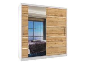 Kleiderschrank 158 cm Belini weiß matt / Wotan-Eiche mit Schiebetüren mit Spiegel und Schubladen Hersteller MBP SZP7/0/W/DW/0/KLAL