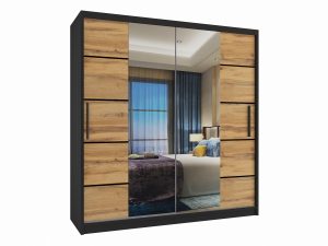 Kleiderschrank 158 cm Belini schwarz matt / Wotan-Eiche mit Schiebetüren mit Spiegel und Schubladen Hersteller ME SZP7/0/B/DW/0/KLP/