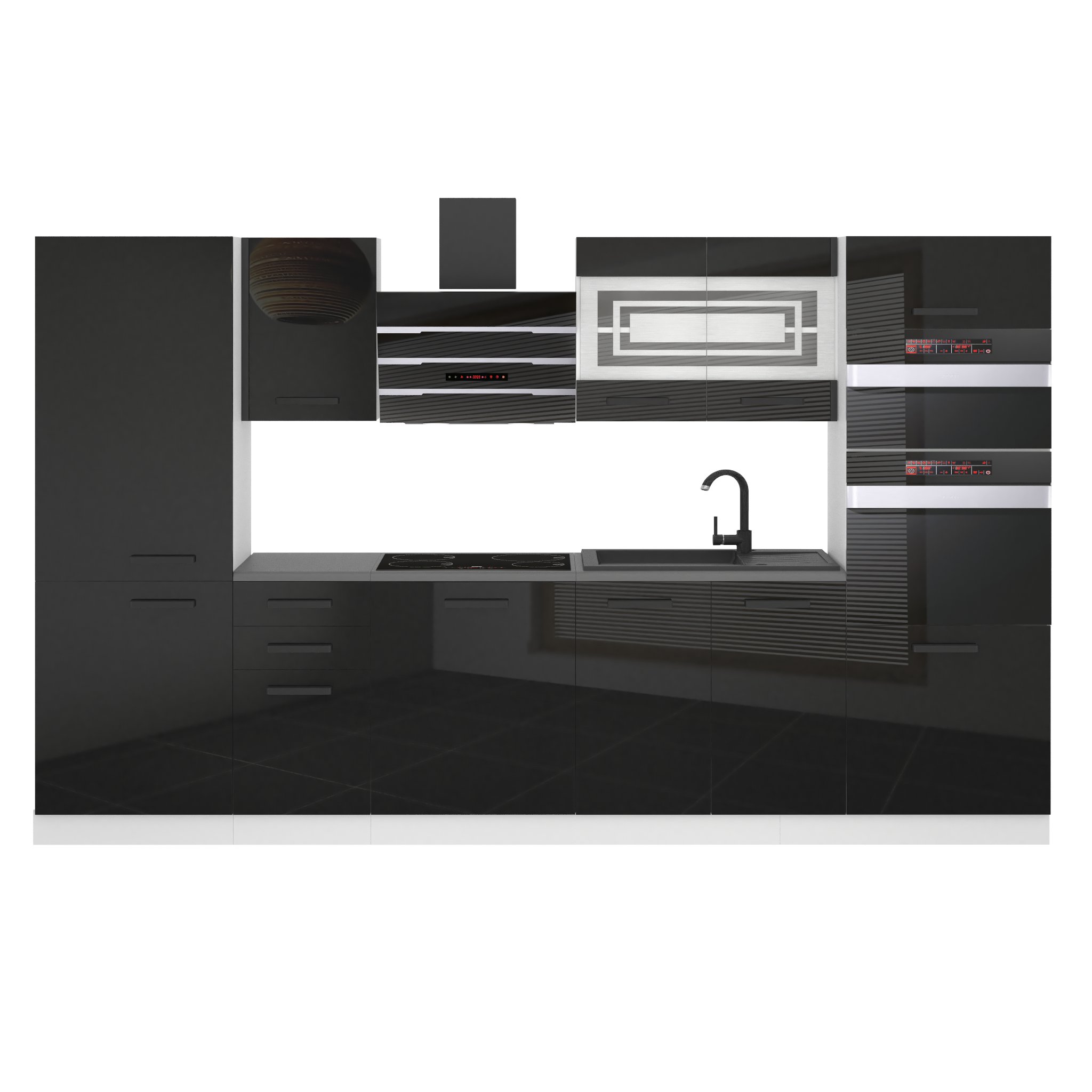 Belini Küchenzeile Premium Komplettversion 300 cm Hochglanzschwarz ohne Arbeitsplatte MILA Hersteller INF MILA/0/WT/B/0/B1