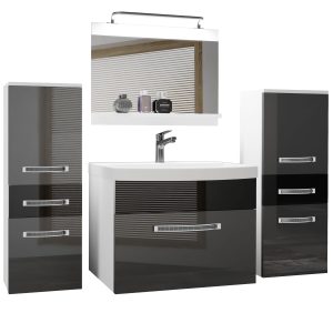 Badezimmermöbel Belini Premium Full Version Hochglanzgrau / Hochglanzschwarz + Waschbecken + Spiegel + LED-Beleuchtung Glamour 69 Hersteller GLA P 4/0/W/SB/0/MB/PP