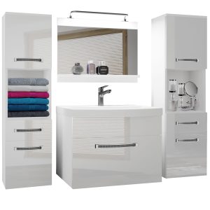 Badezimmermöbel Belini Premium Full Version Hochglanzweiß + Waschbecken + Spiegel + LED-Beleuchtung Glamour 100 Hersteller GLA P 6/0/W/W/0/MB/PP
