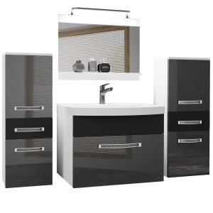 Badezimmermöbel Belini Premium Full Version Hochglanzgrau / Mattschwarz + Waschbecken + Spiegel + LED-Beleuchtung Glamour 70 Hersteller GLA PM 4/0/W/SB/0/MB/PP