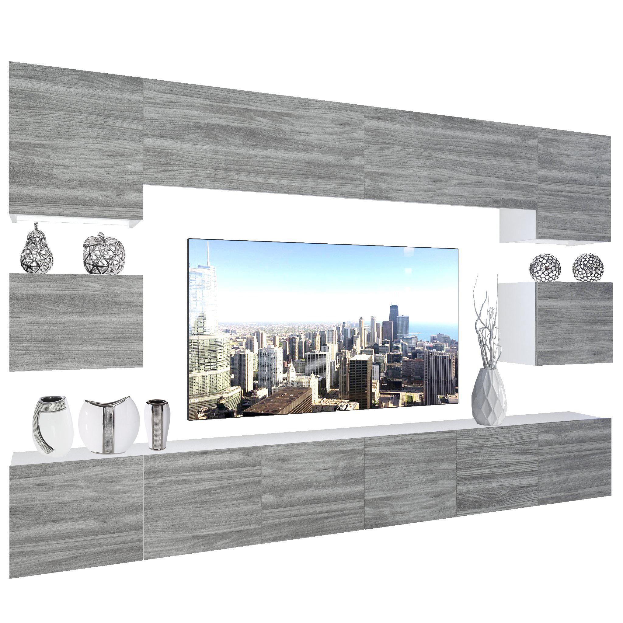Wohnwand Belini Premium Full Version Grau Anthrazit Glamour Wood + LED-Beleuchtung Nexum 49 Hersteller NEX 3/0/W/GW1/0/0/PP