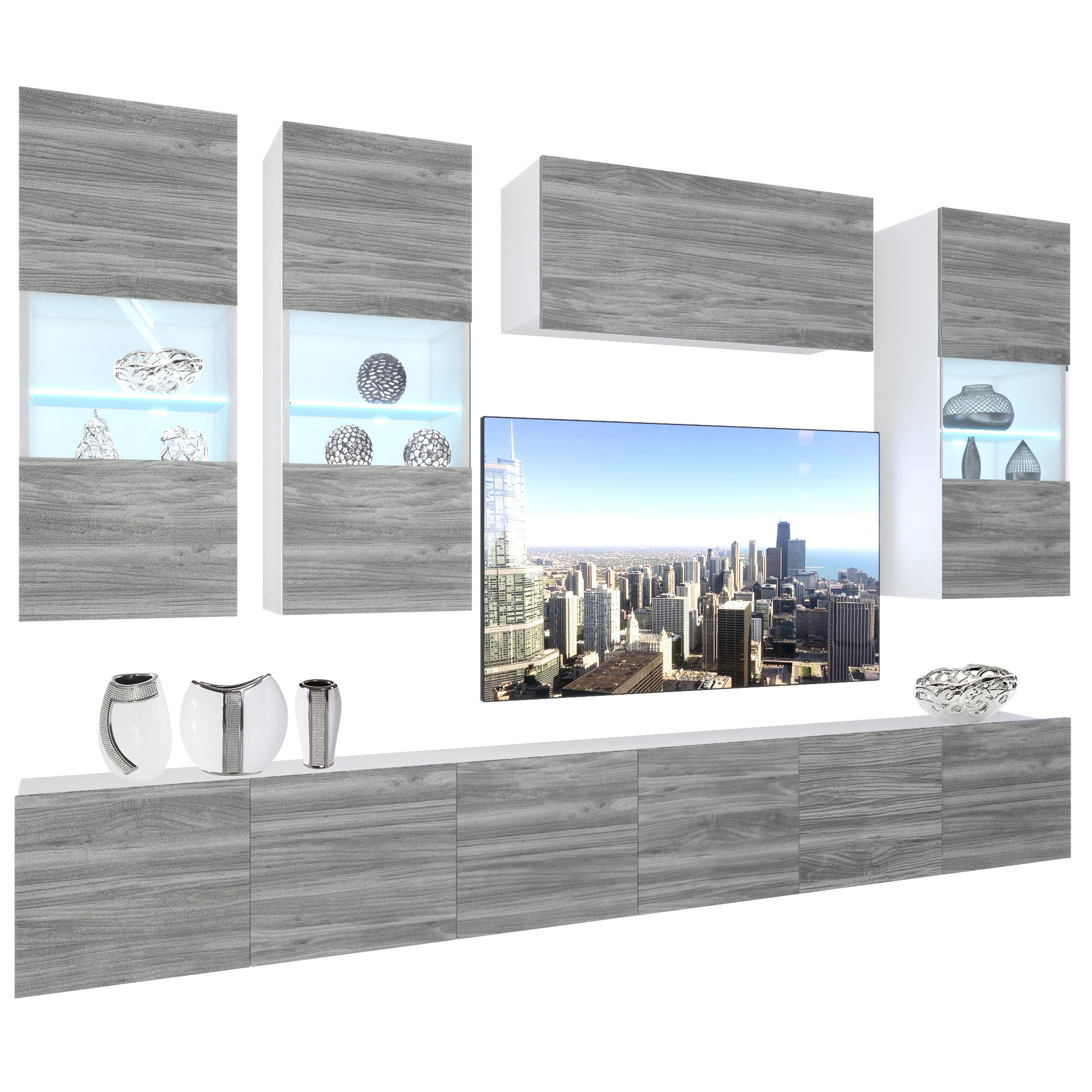 Wohnwand Belini Premium Full Version Grau Anthrazit Glamour Wood + LED-Beleuchtung Nexum 83 Hersteller NEX 5/0/W/GW1/0/0/PP
