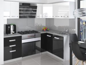Eckküche Belini 300 cm weiß glänzend / schwarz glänzend mit Arbeitsplatte Armin Hersteller INF ARMIN/3/WT/WB/0/D
