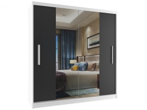 Kleiderschrank 158 cm Belini weiß matt / schwarz matt mit Schiebetüren und Spiegel Hersteller ME SZP3/2/W/B/0/AL