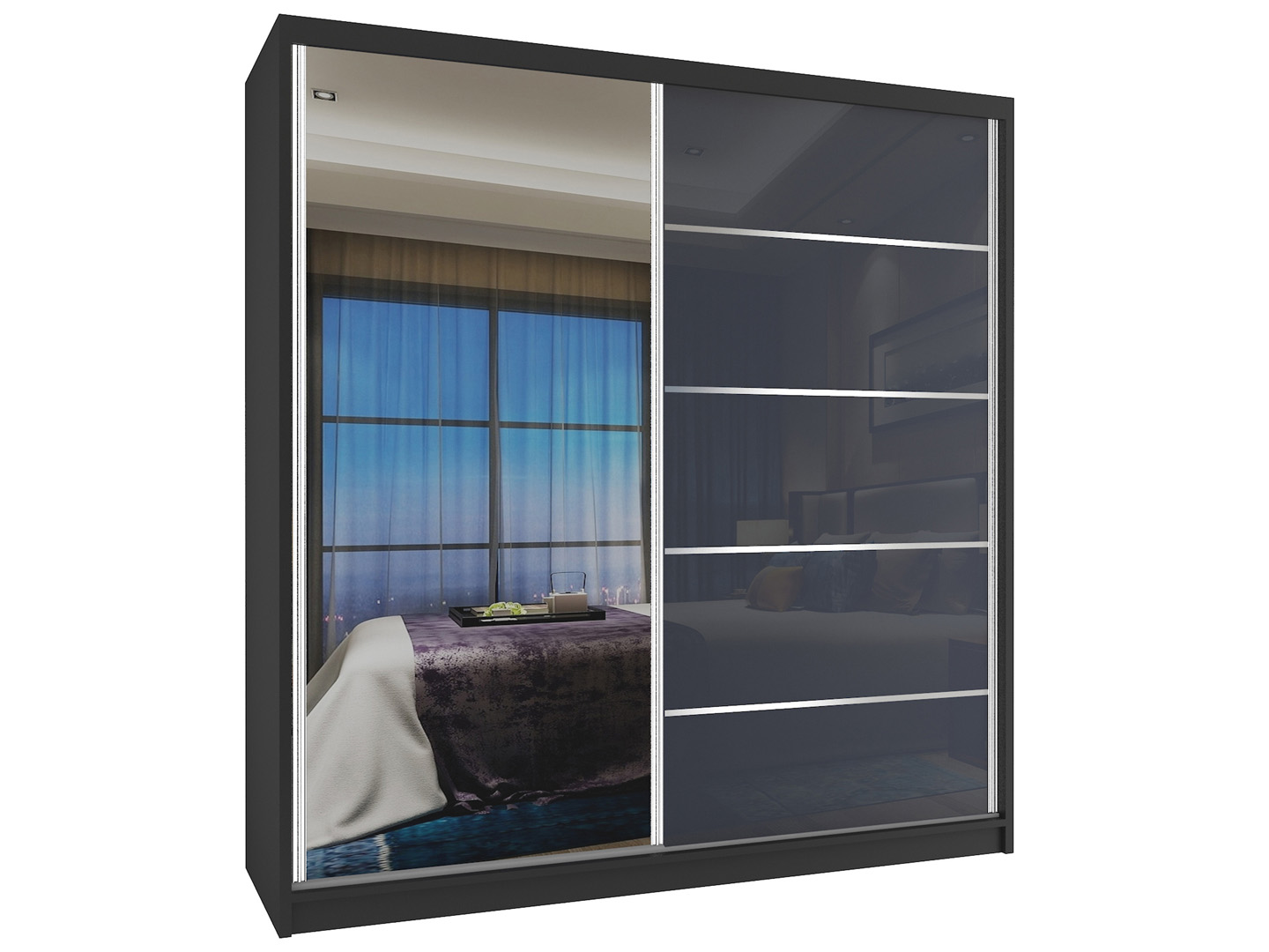 Kleiderschrank 158 cm Belini schwarz matt / grau glänzend mit Schiebetüren und Spiegel Hersteller MG SZP3/2/B/WI/1L5S/HI