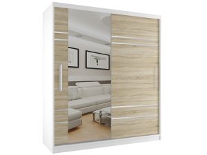 Kleiderschrank 158 cm Belini weiß matt / Eiche sonoma mit Schiebetüren und Spiegel Hersteller MP SZP3/2/W/DS/0/AL