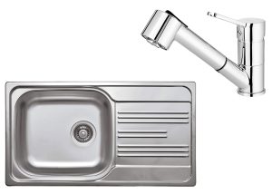 AKTIONSSET: Stahlspüle + Küchenarmatur mit ausziehbarem Auslauf