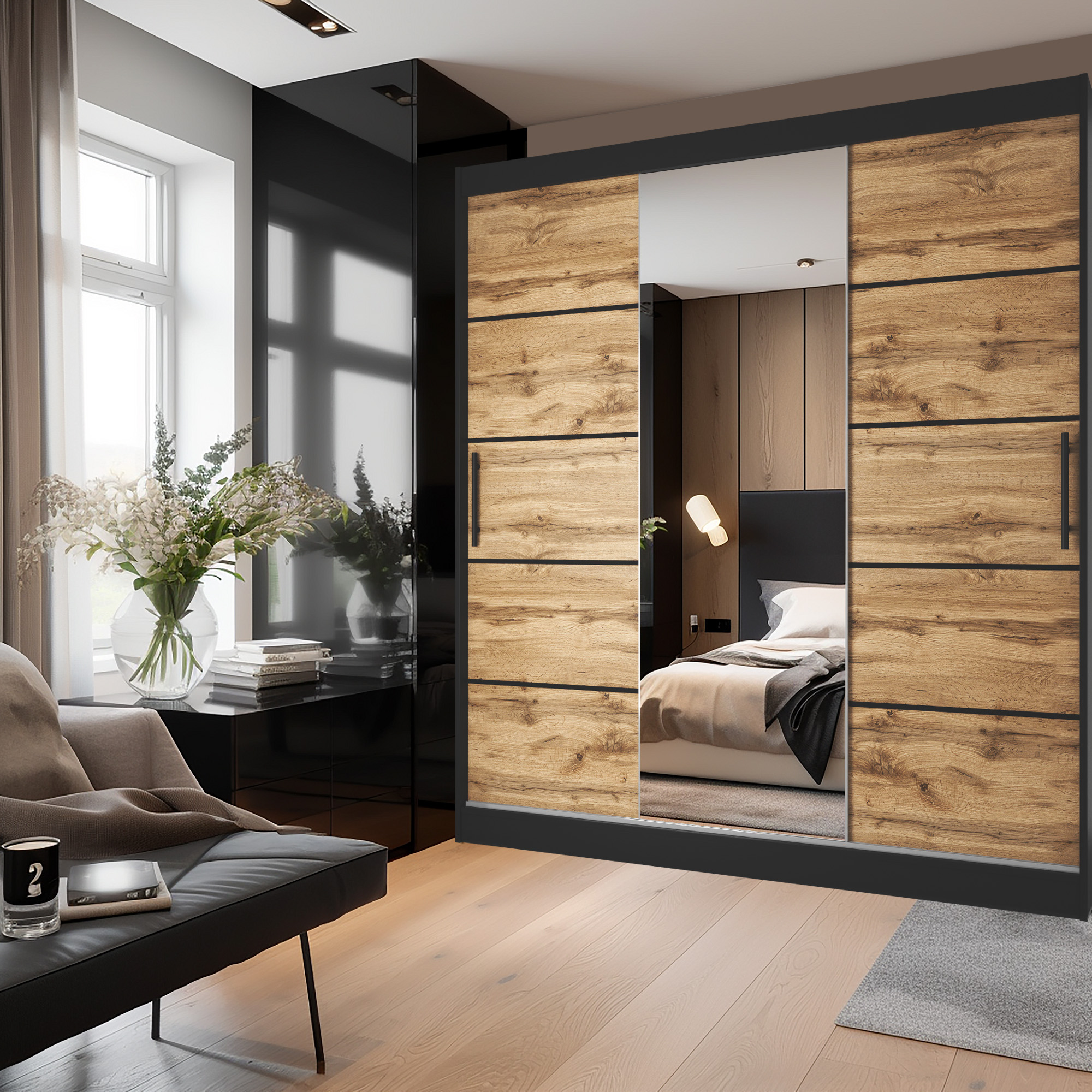 Schlafzimmer mit Holzkleiderschrank und Spiegel