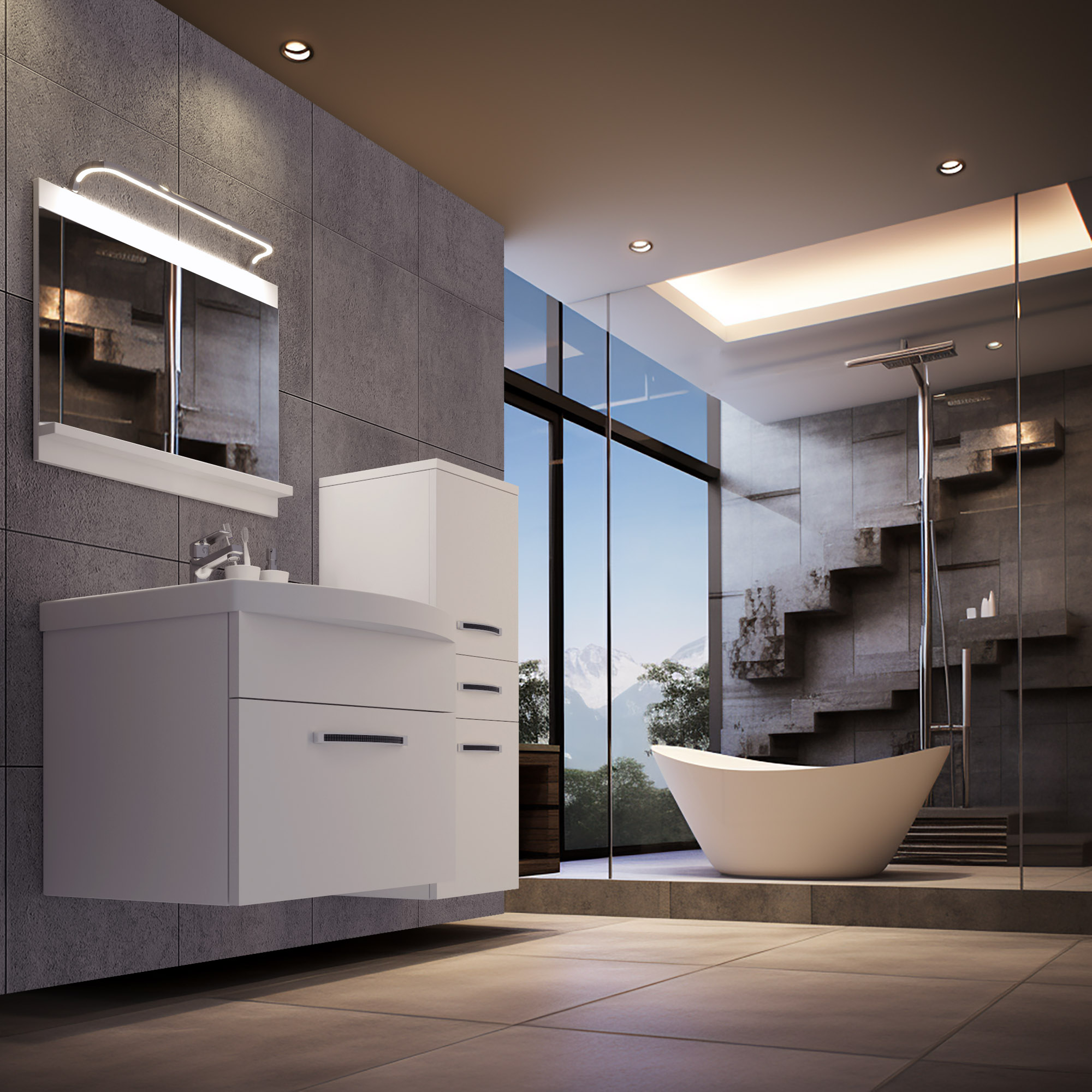 Badezimmer mit freistehender Badewanne und Glaswänden