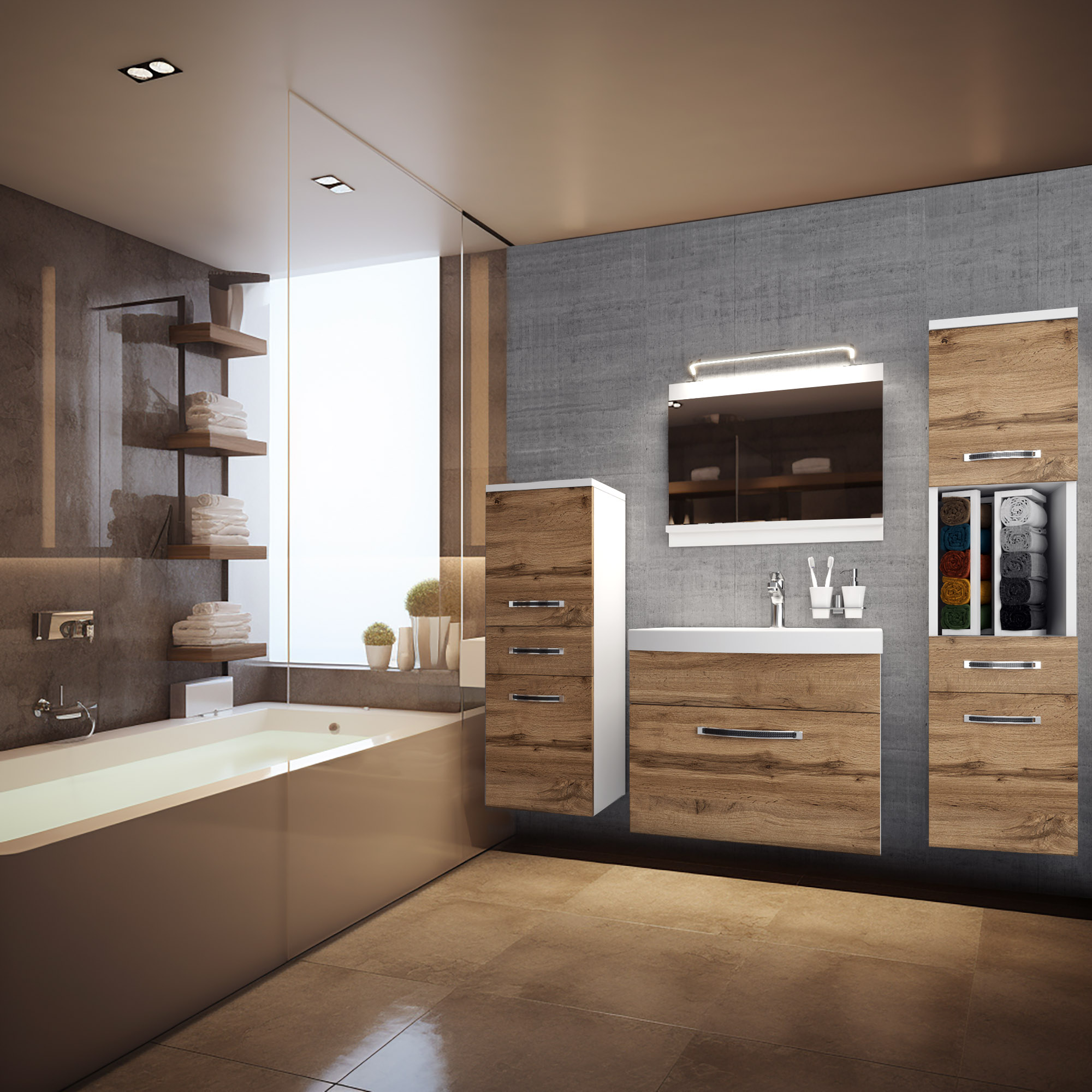 Badezimmer mit Holzfronten und eleganten Details