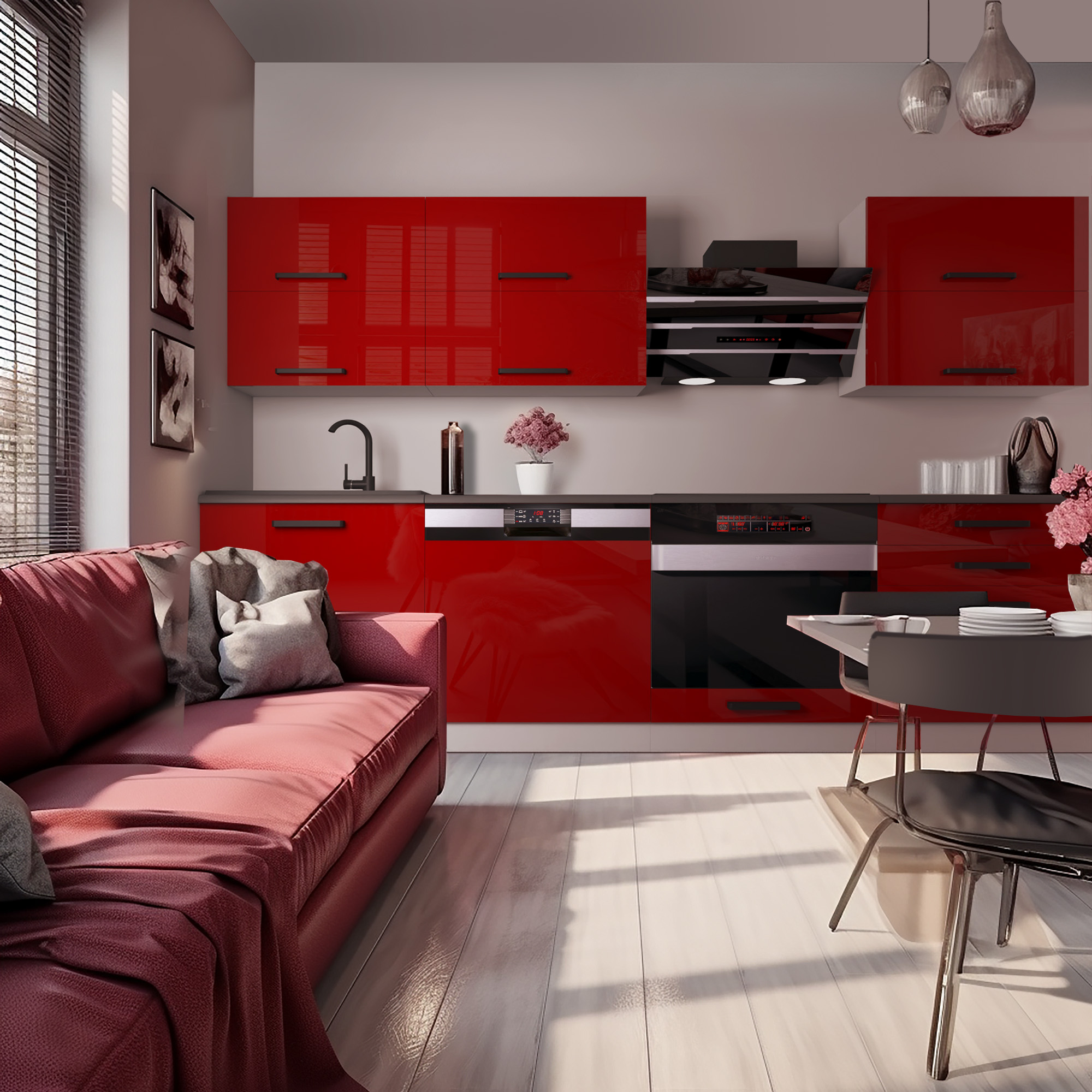 Rote Küchenschränke und gemütliches Sofa in heller Küche
