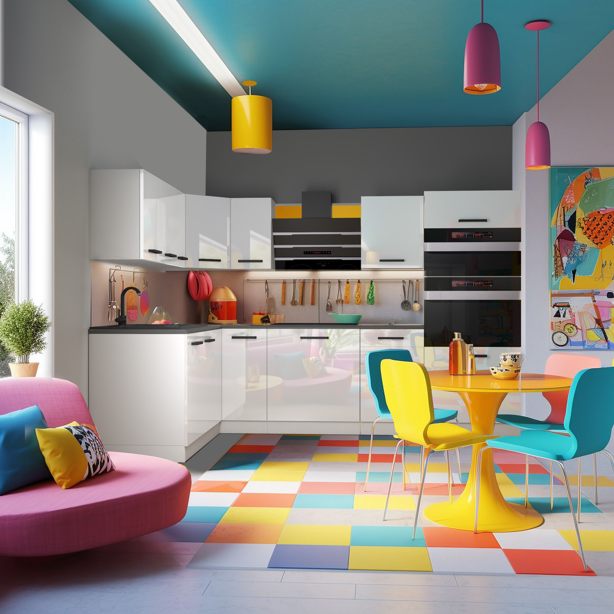 Küche mit bunten Farben und moderner Einrichtung