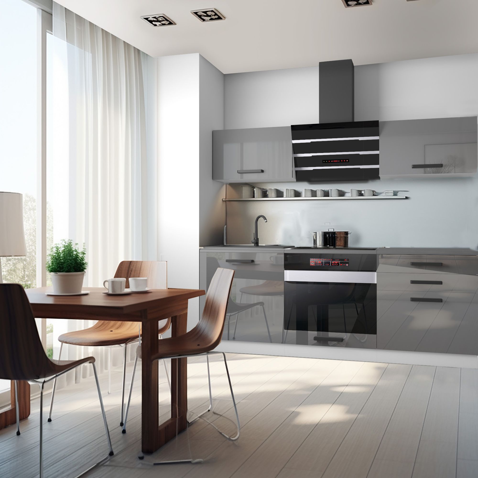Moderne Küche mit Essbereich und großer Fensterfront