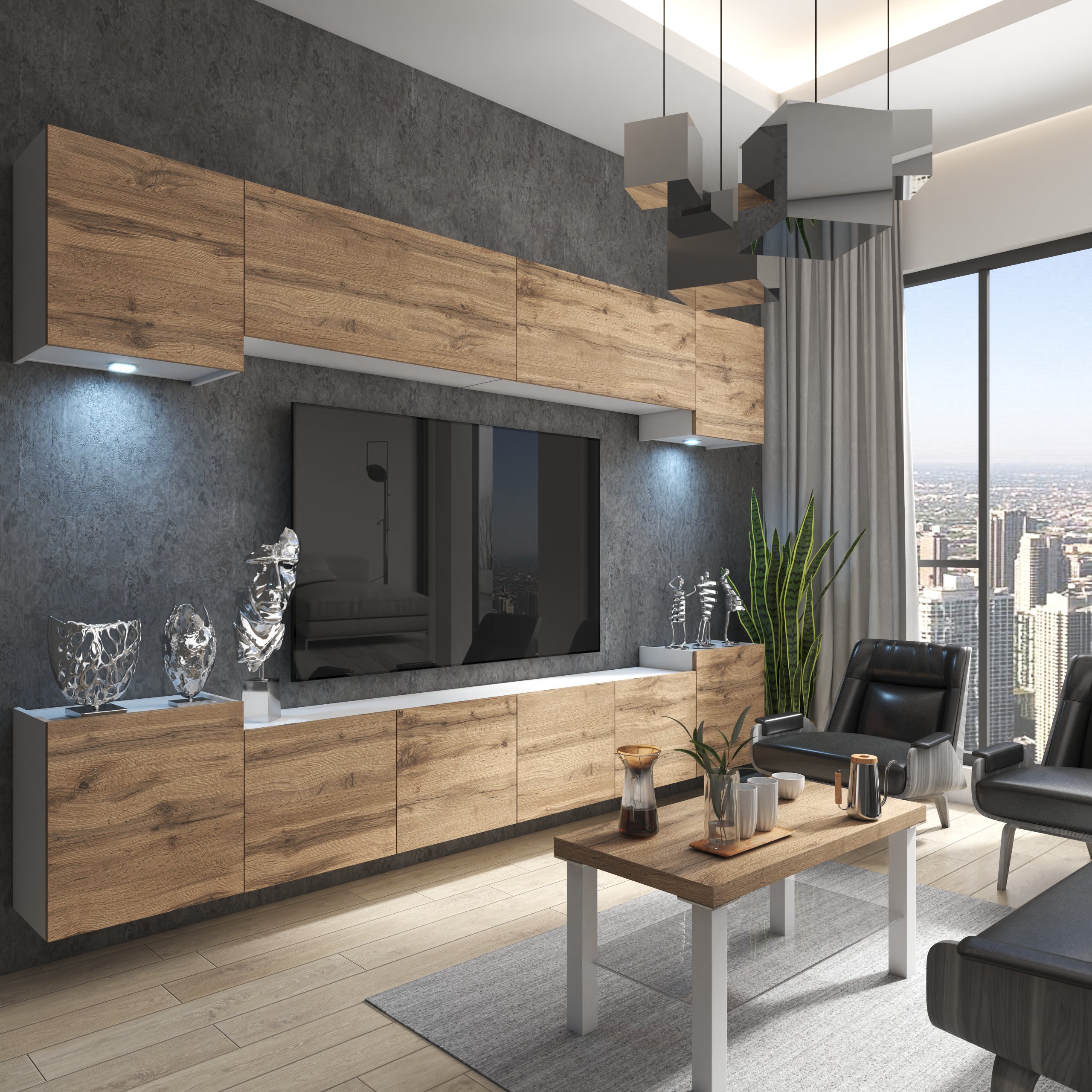 Modernes Wohnzimmer mit Holzelementen und Stadtblick
