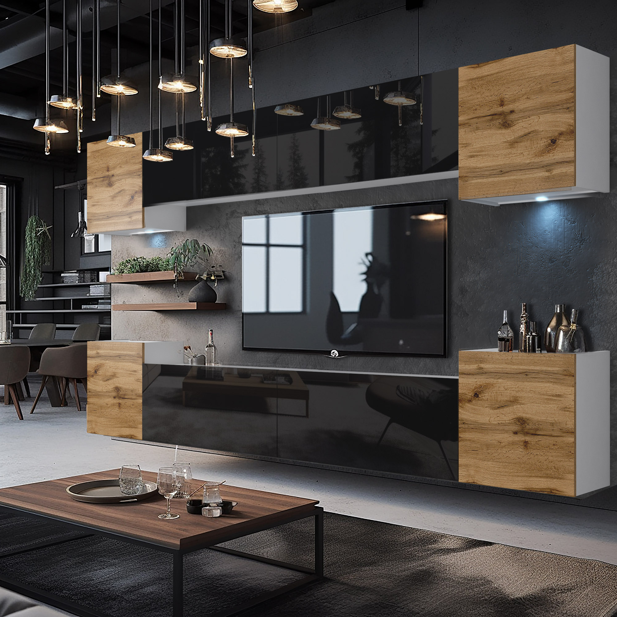 Wohnzimmer mit dunkler Oberfläche und Holzdekor