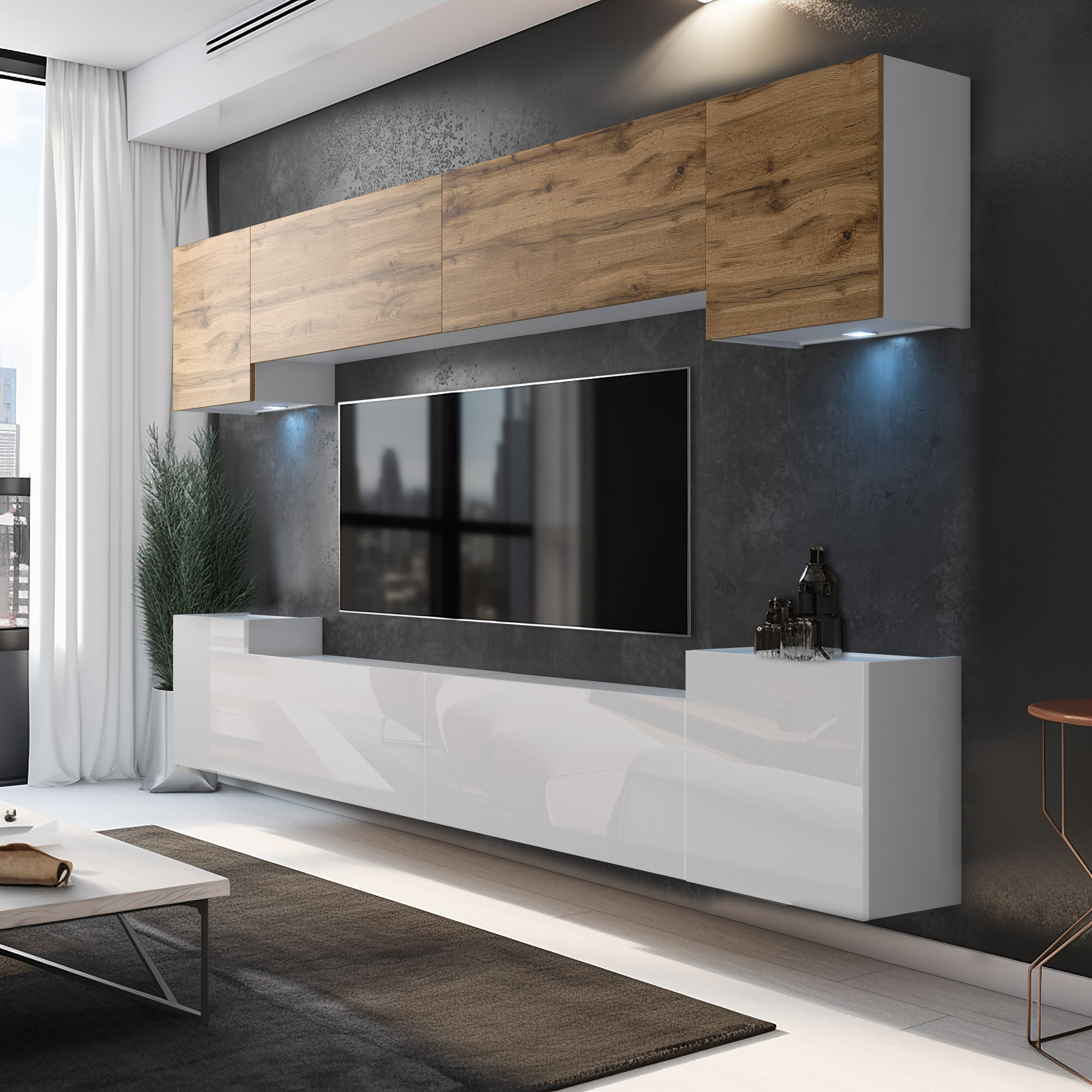 Moderne Wohnzimmermöbel mit Holz- und Glanzelementen