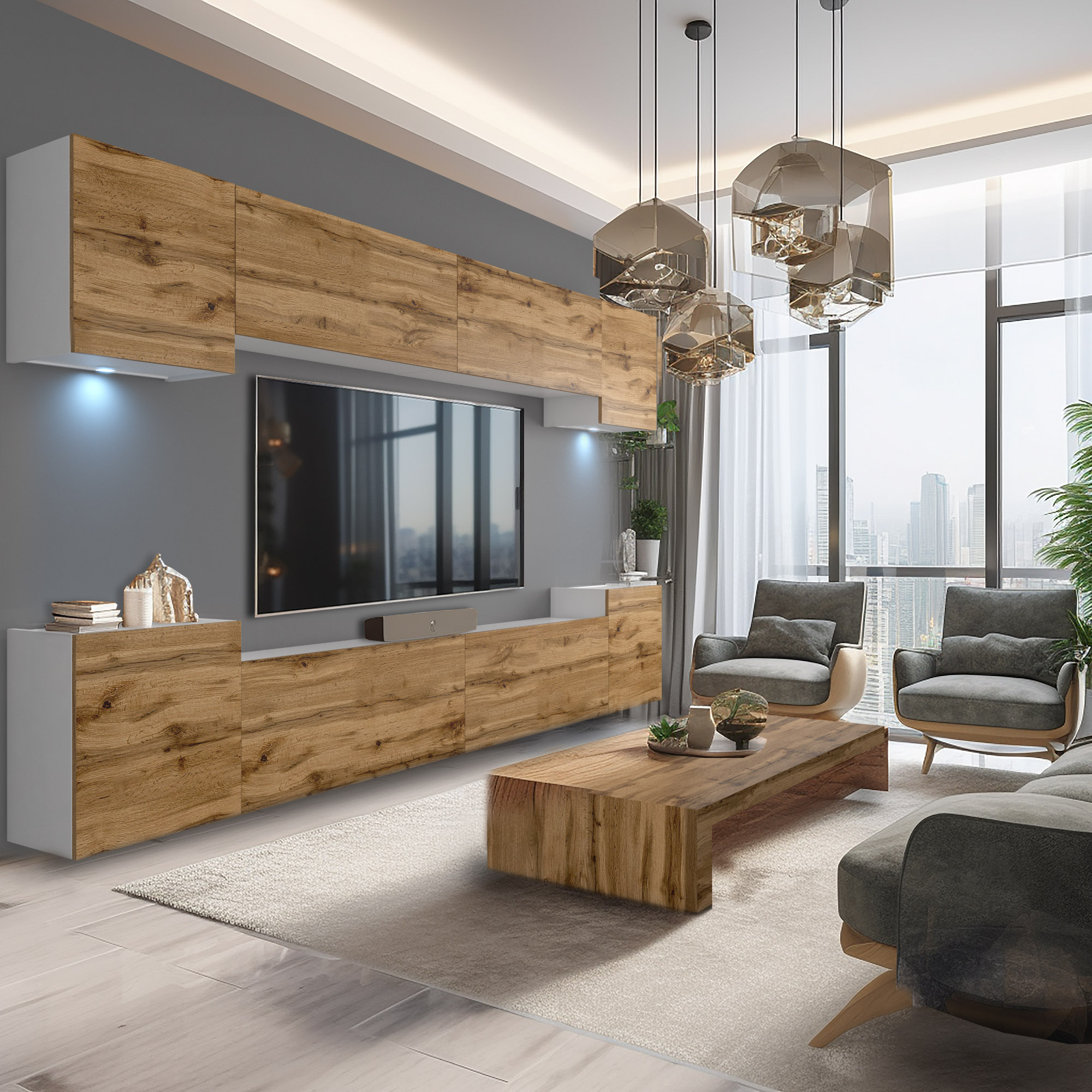 Modernes Wohnzimmer mit Holzakzenten und großem Fenster