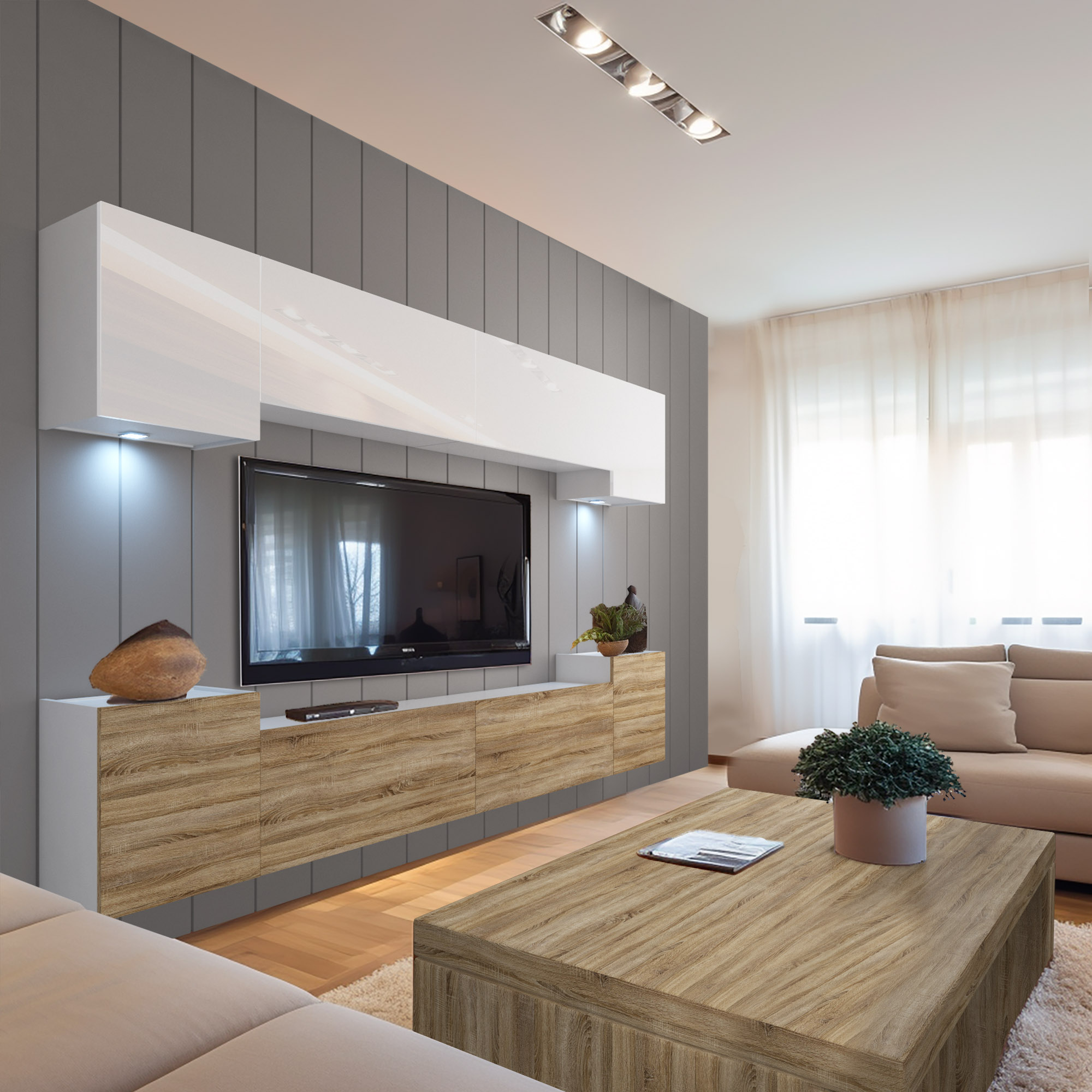 Gemütliches Wohnzimmer mit Holzmöbeln