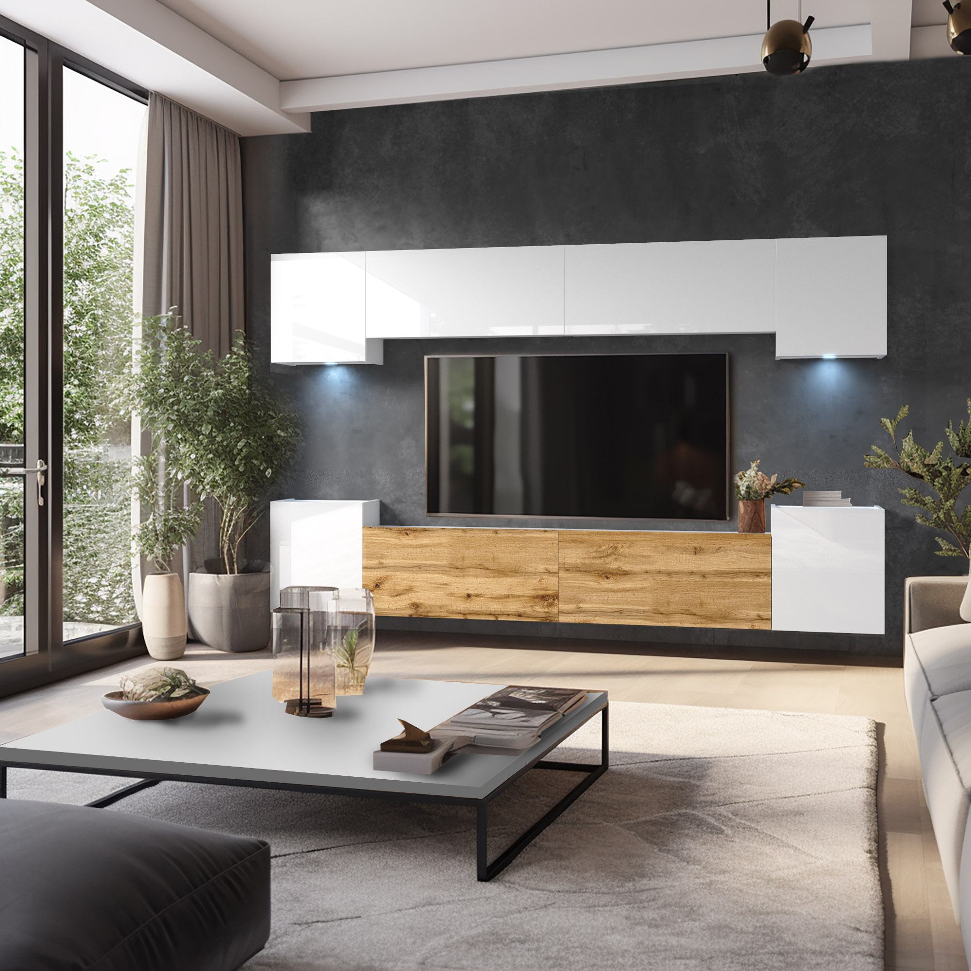 Minimalistisch eingerichtetes Wohnzimmer mit TV-Schrank