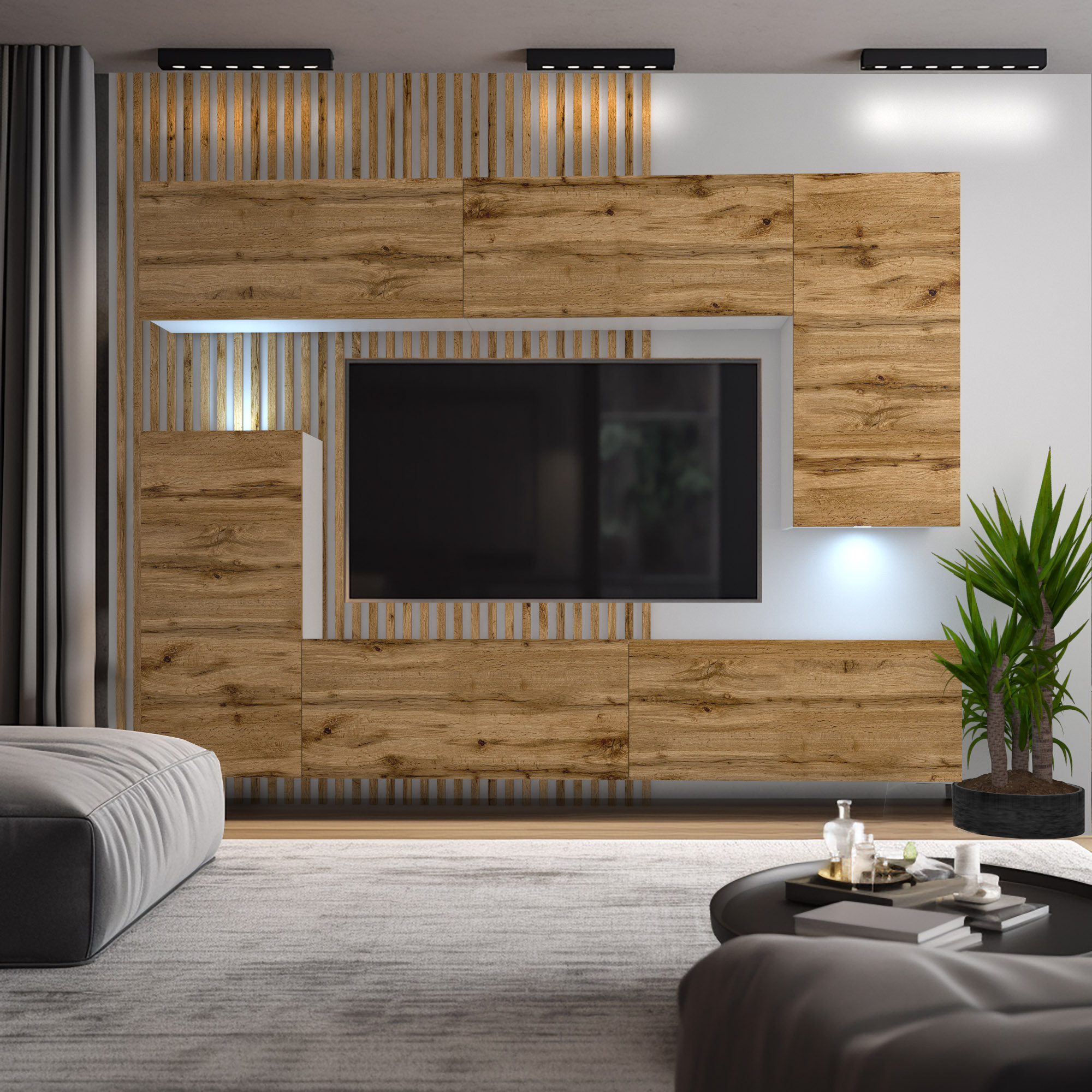 Medienwand aus Holz mit grünem Akzent im Wohnzimmer
