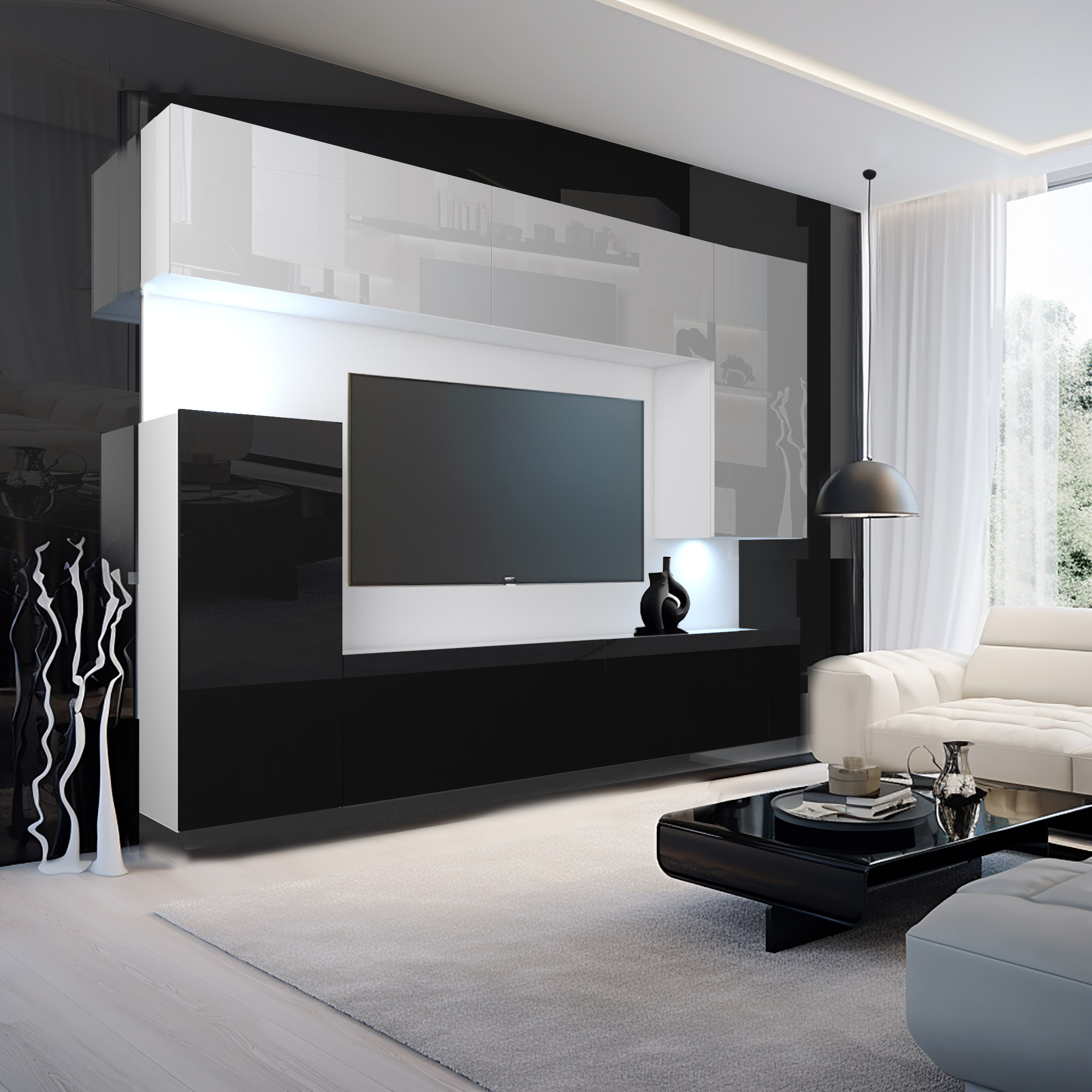 Stilvolles Wohnzimmer mit schwarzer Front und Wandbildschirm