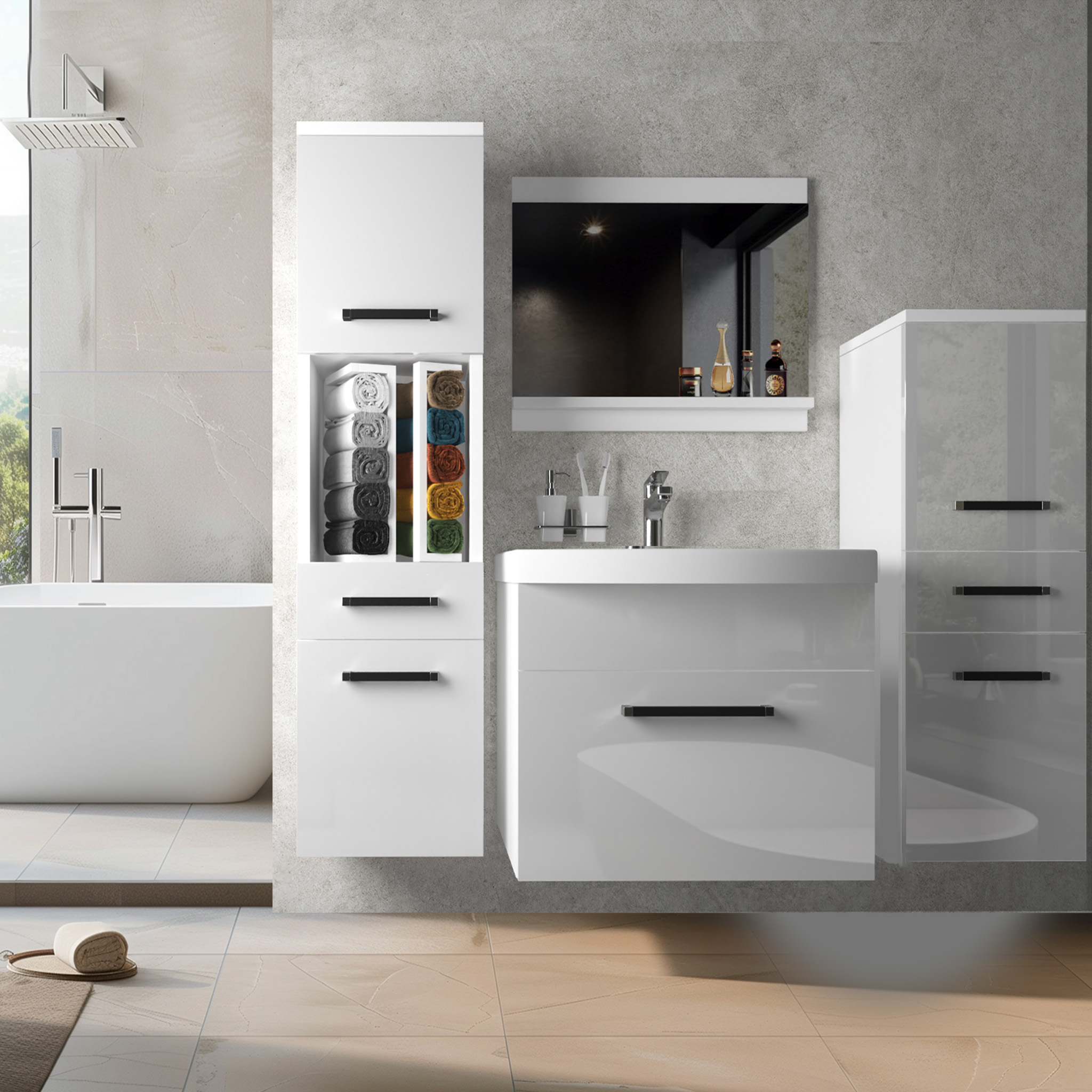 Modernes, helles Badezimmer mit Stauraum