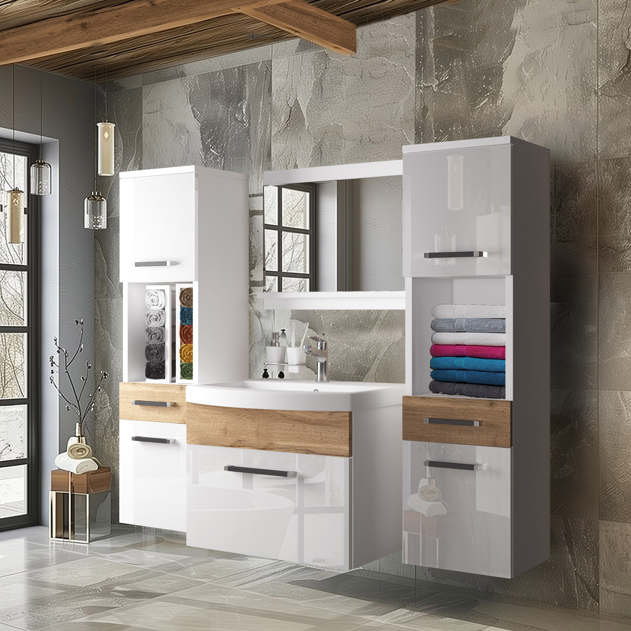 Badezimmereinrichtung mit Holz und Weißtönen