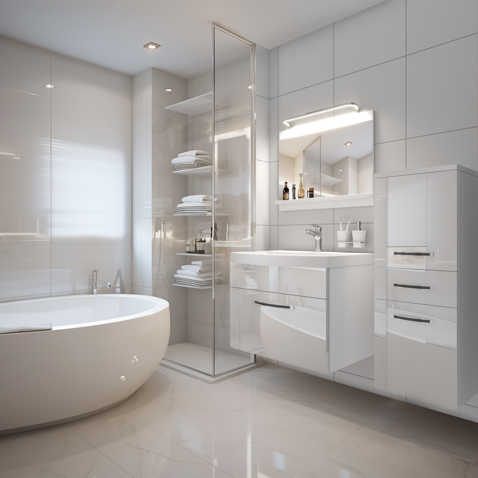 Elegantes Badezimmer mit beleuchtetem Spiegel