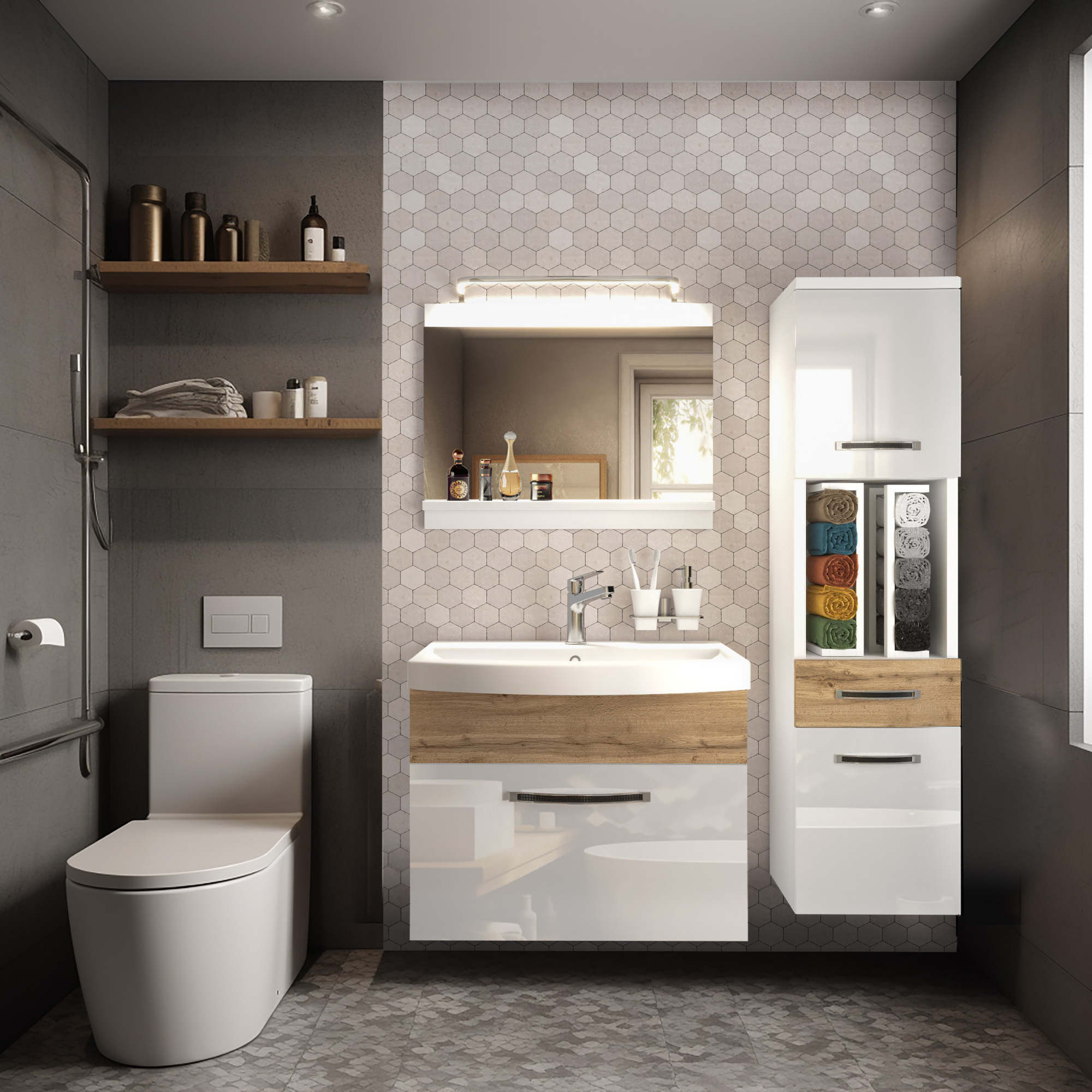 Funktionales und stilvolles Badezimmer mit Holzakzenten