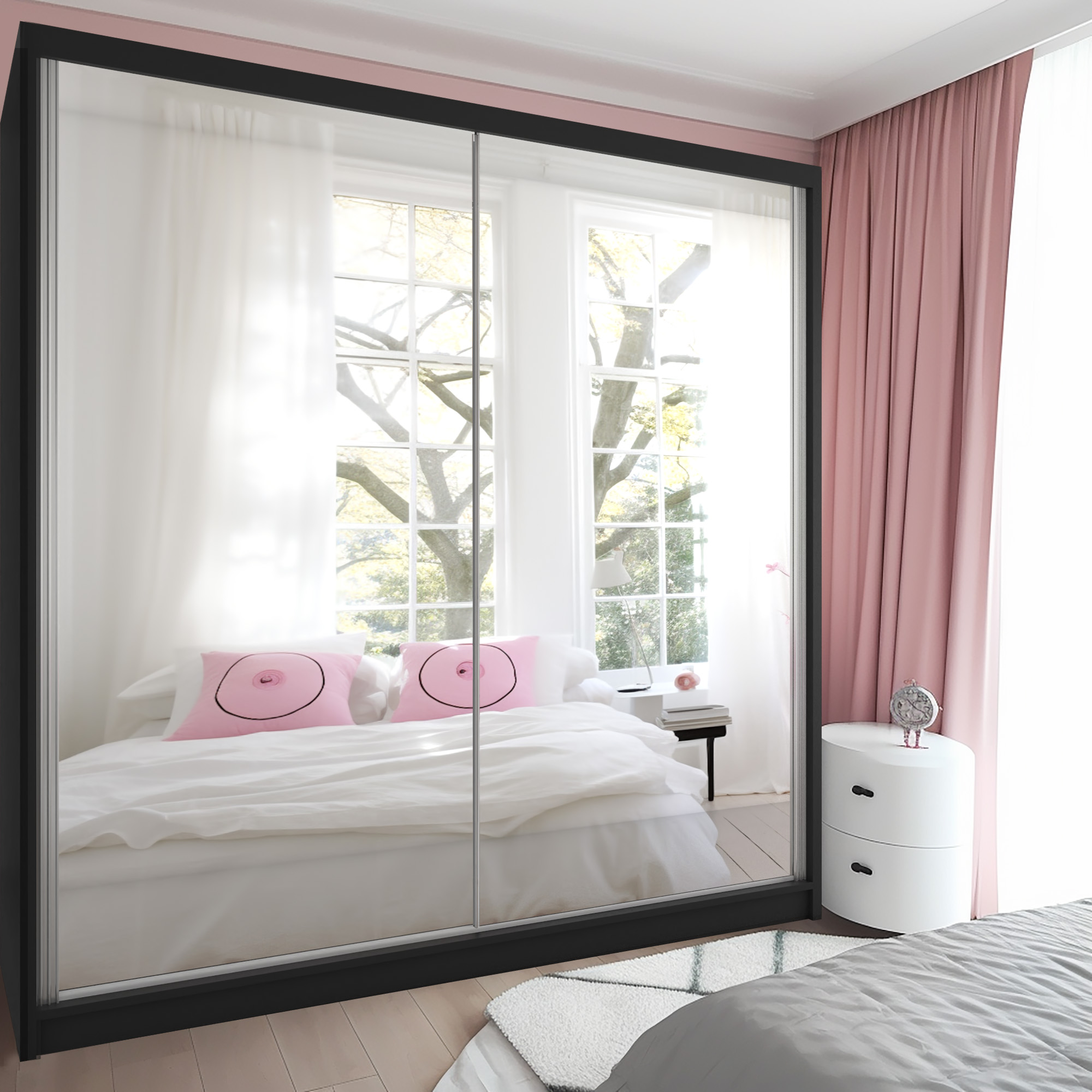 ** Elegantes Schlafzimmer mit Spiegeltüren und rosa Akzenten **
