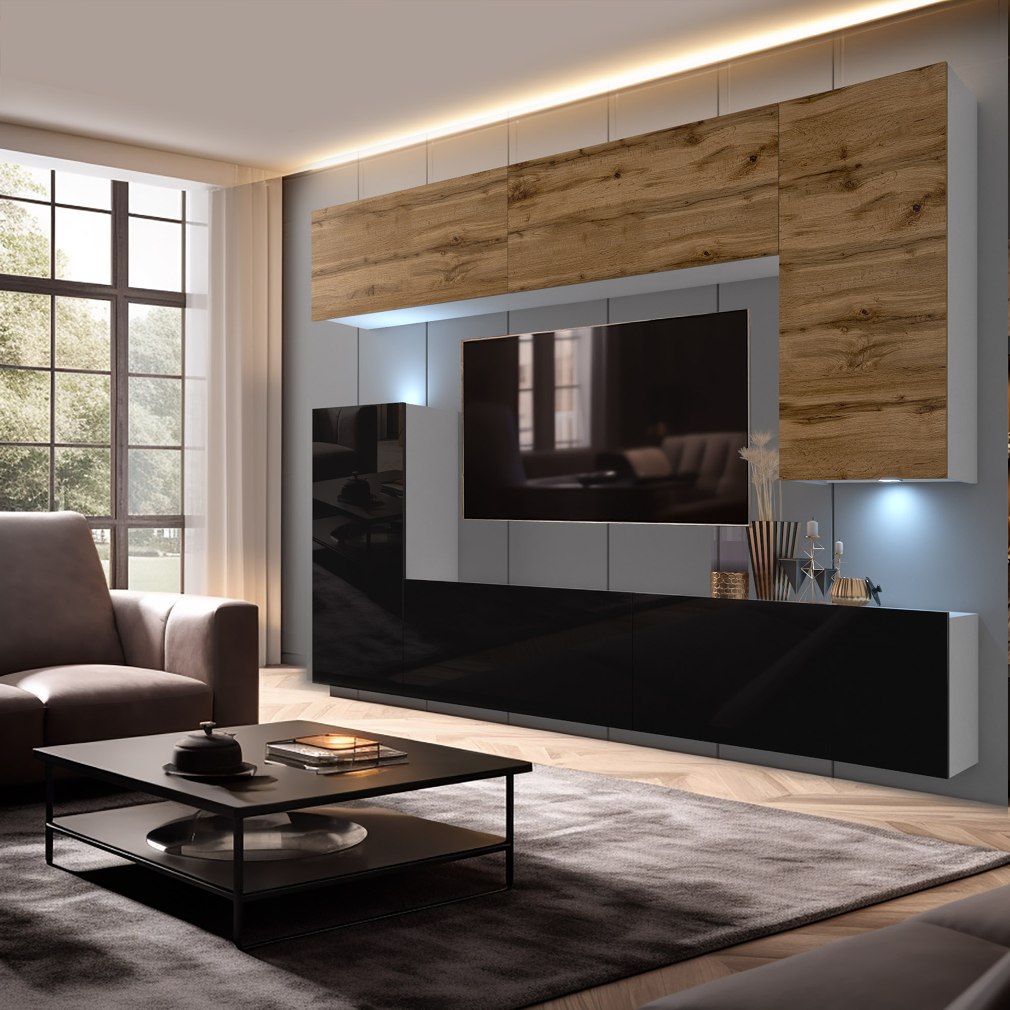 Moderne Wohnzimmermöbel mit Holz und Schwarz