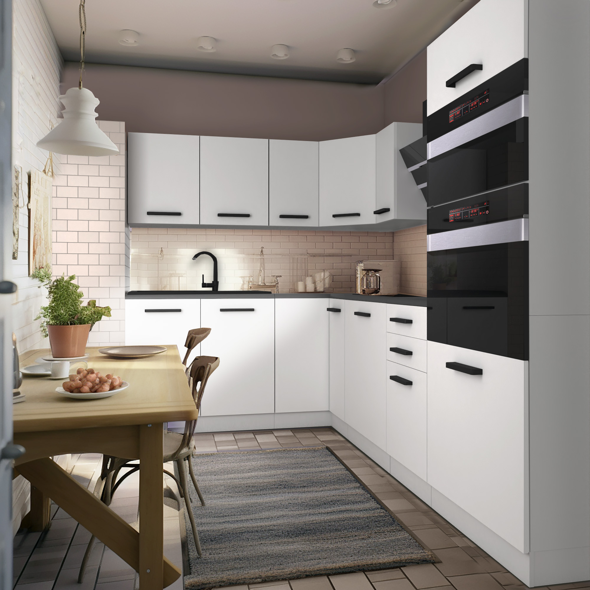 Moderne Küche mit weißen Schränken und Holztisch
