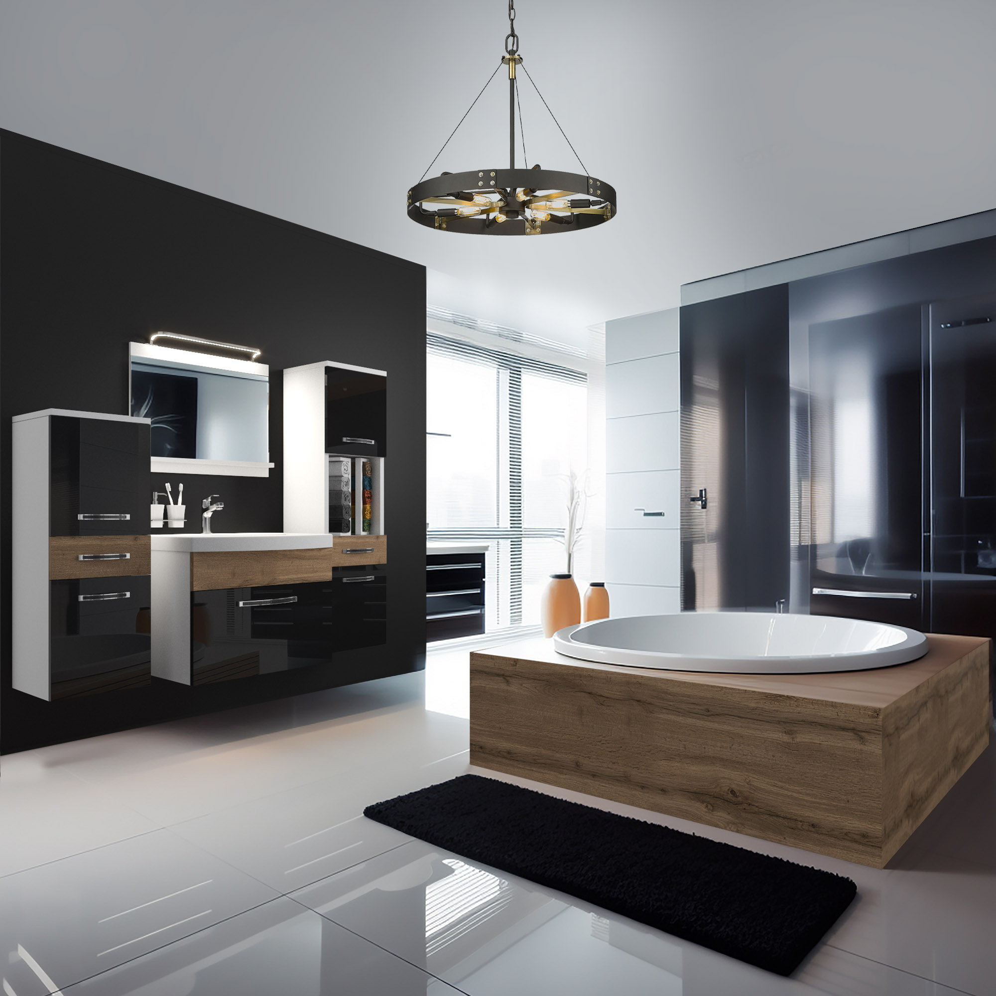 Badezimmer mit Holzbadewanne und modernen Details