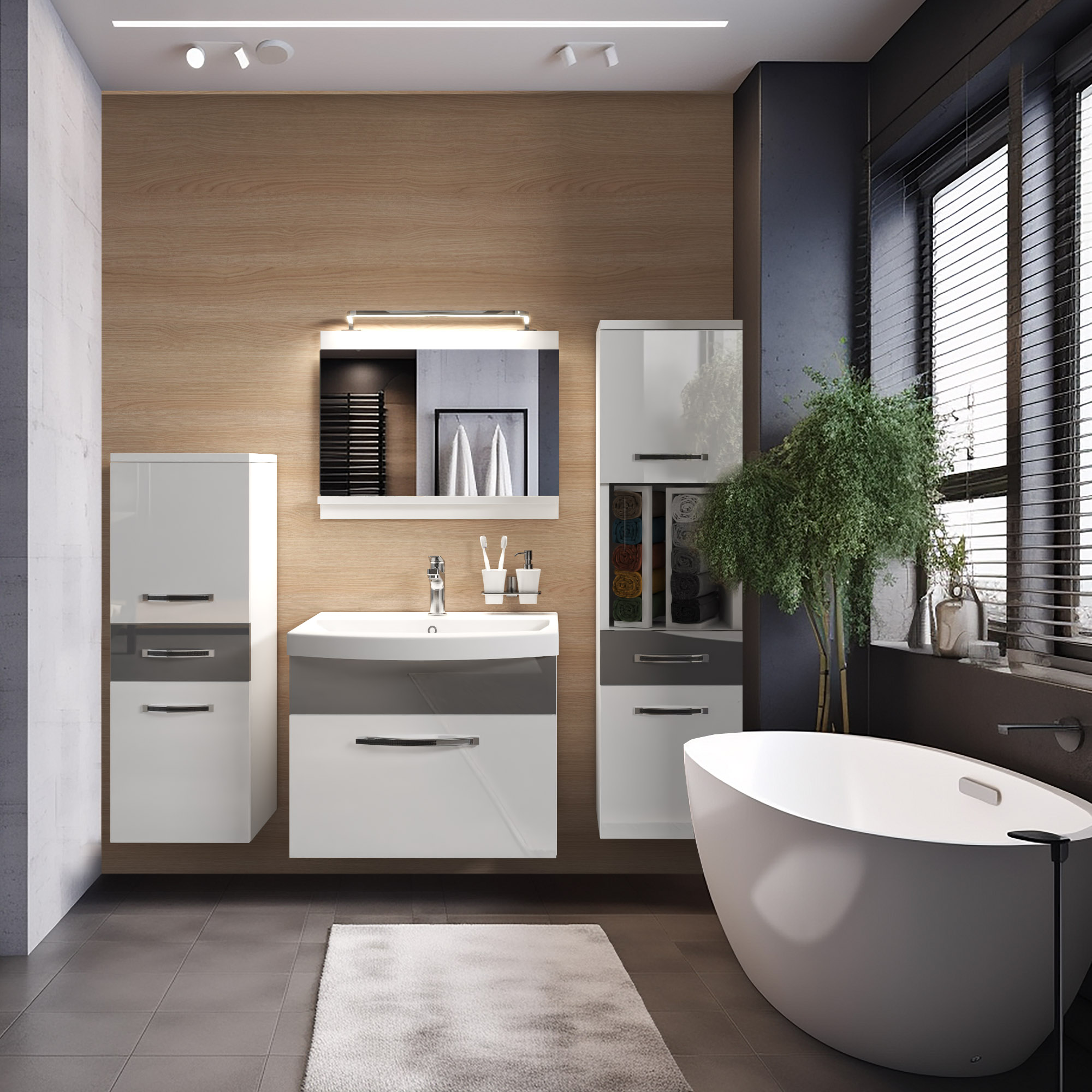 Badezimmer mit stilvollen weißen Möbeln und Holzdetails