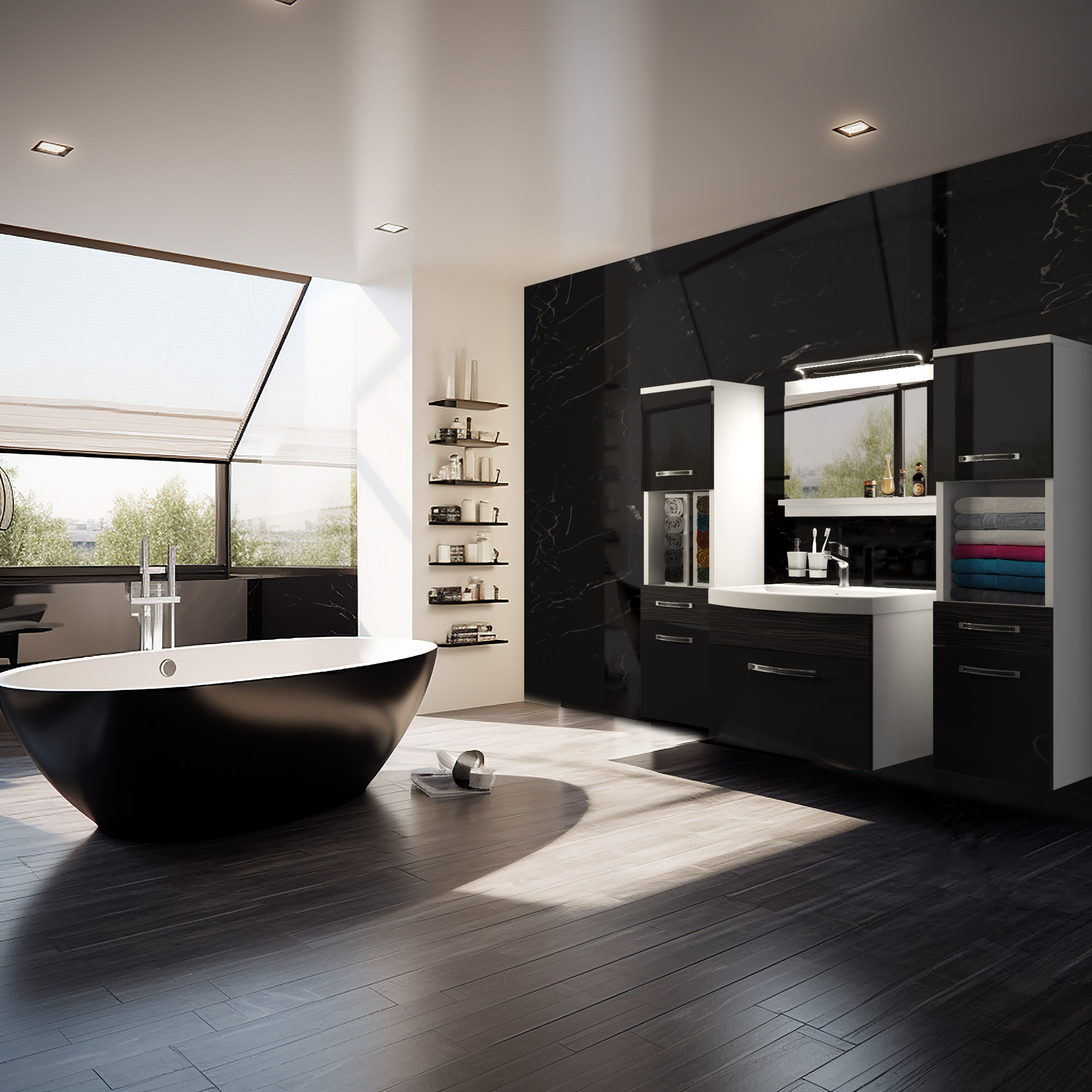 Schwarzes und weißes modernes Badezimmer mit Wanne