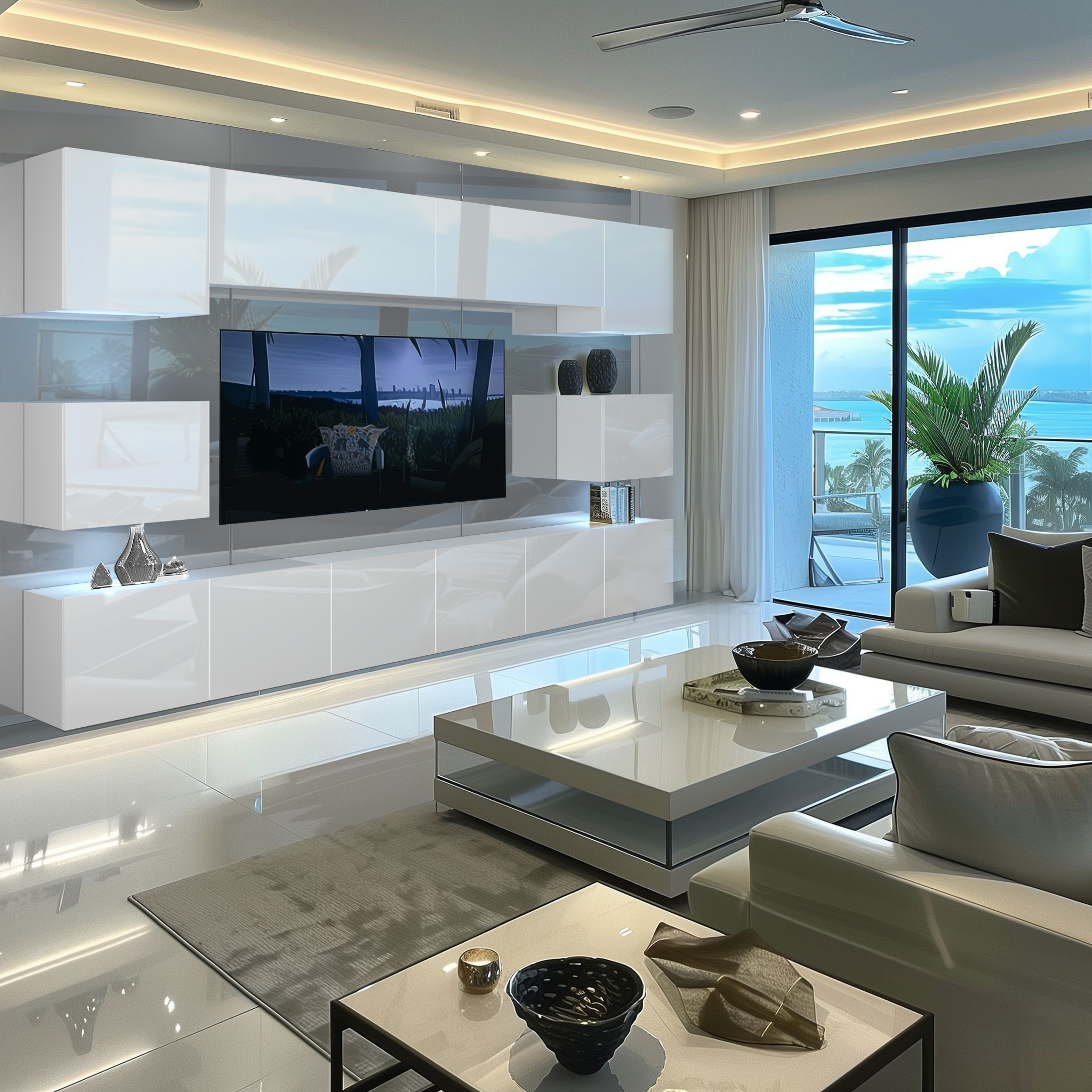 Helles Wohnzimmer mit Panoramafenster und modernen Möbeln
