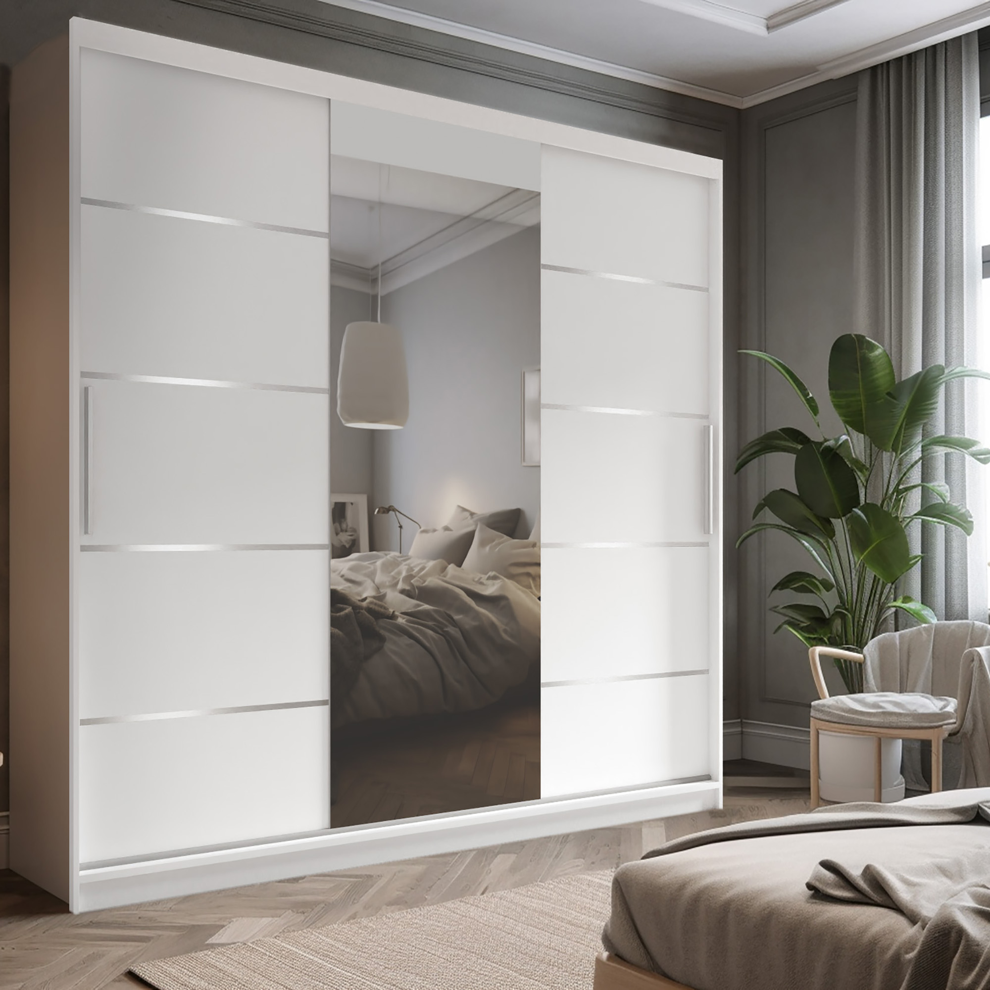Minimalistisches Schlafzimmer mit großem Kleiderschrank