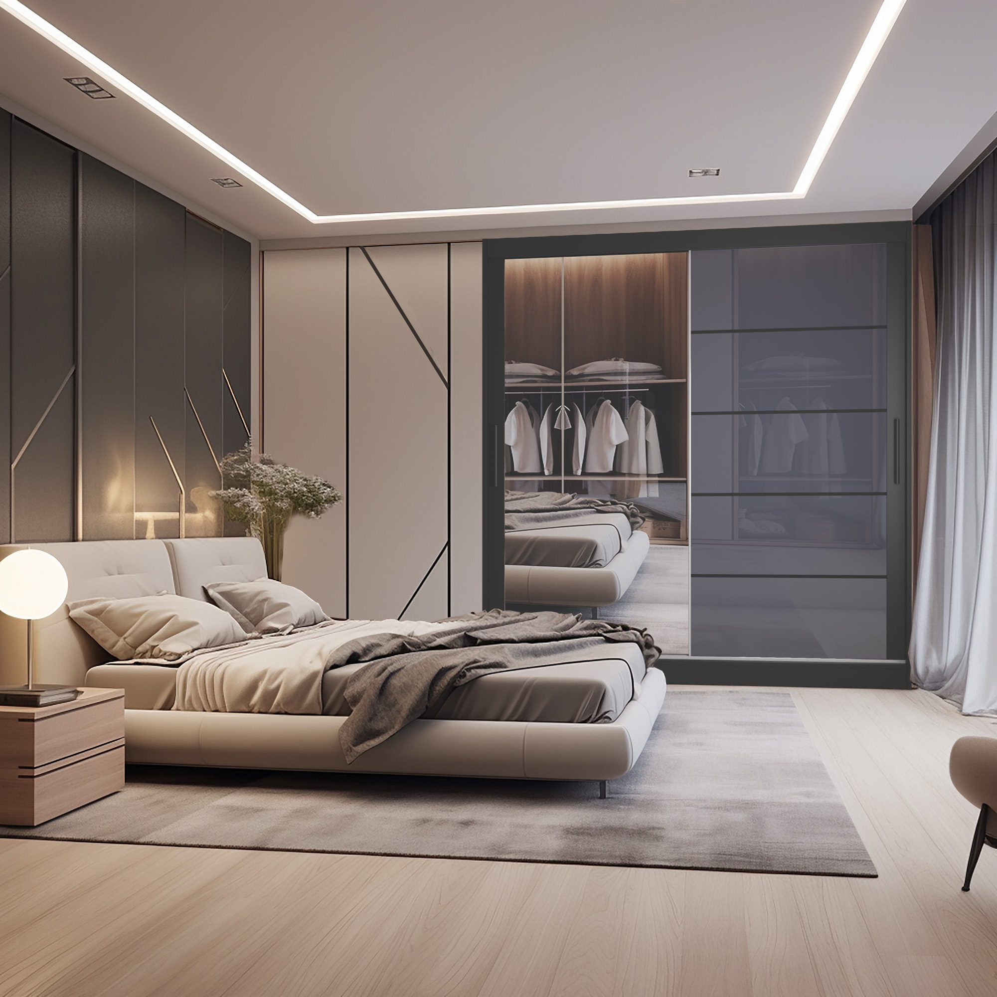 Schlafzimmer mit Spiegelwand und Bett