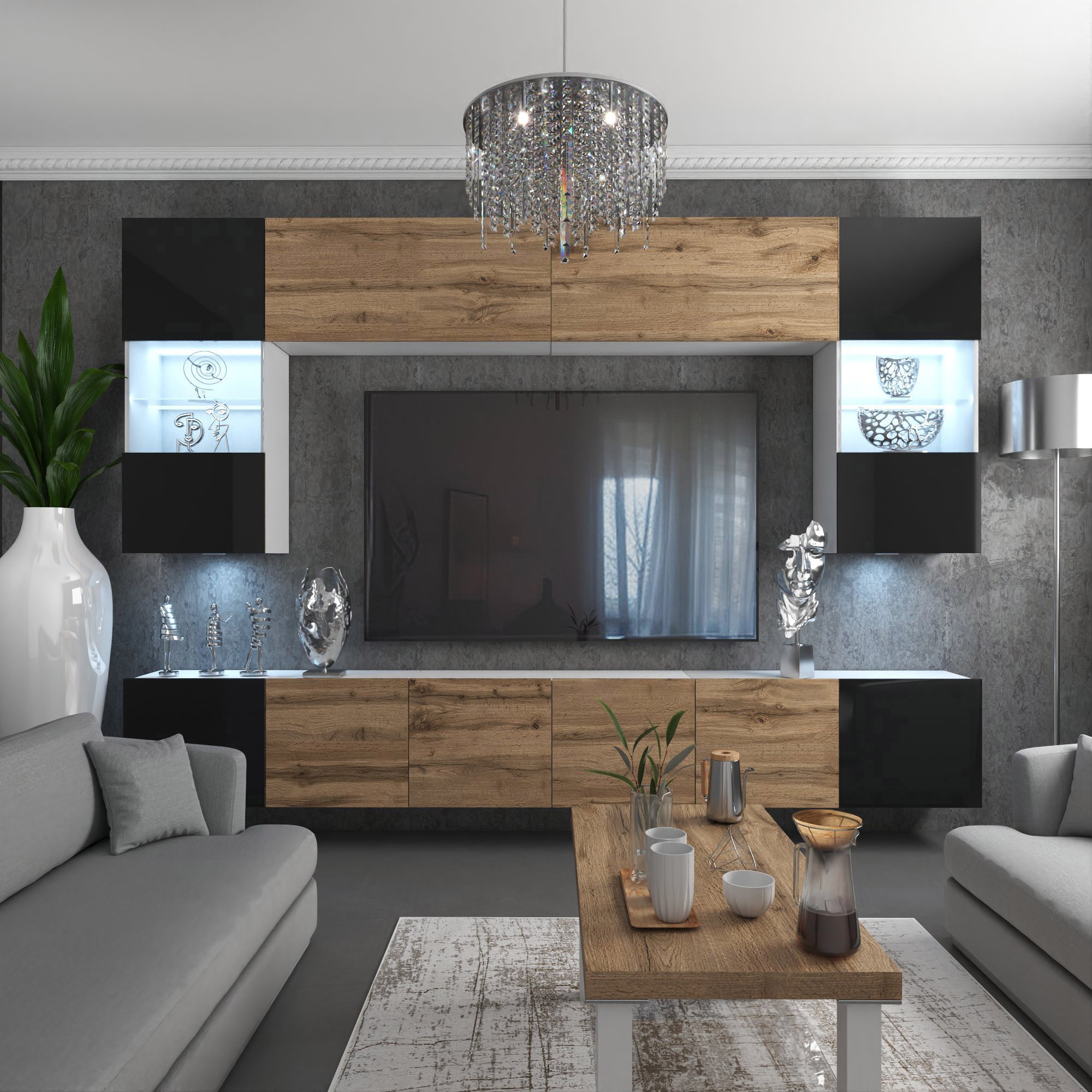 Wohnzimmer mit Holzelementen und Couchtisch