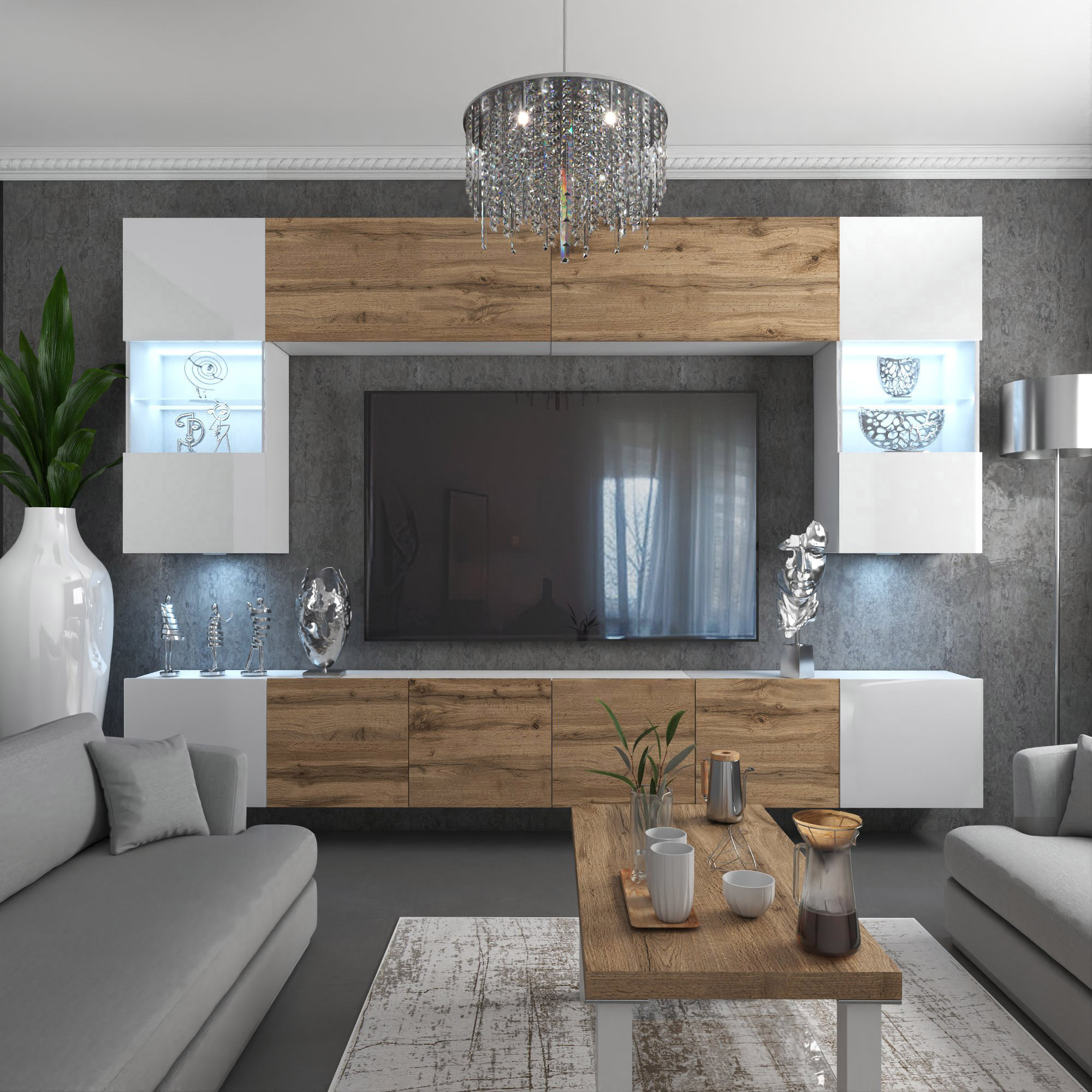 Wohnzimmer mit Holzmöbeln und grauem Sofa