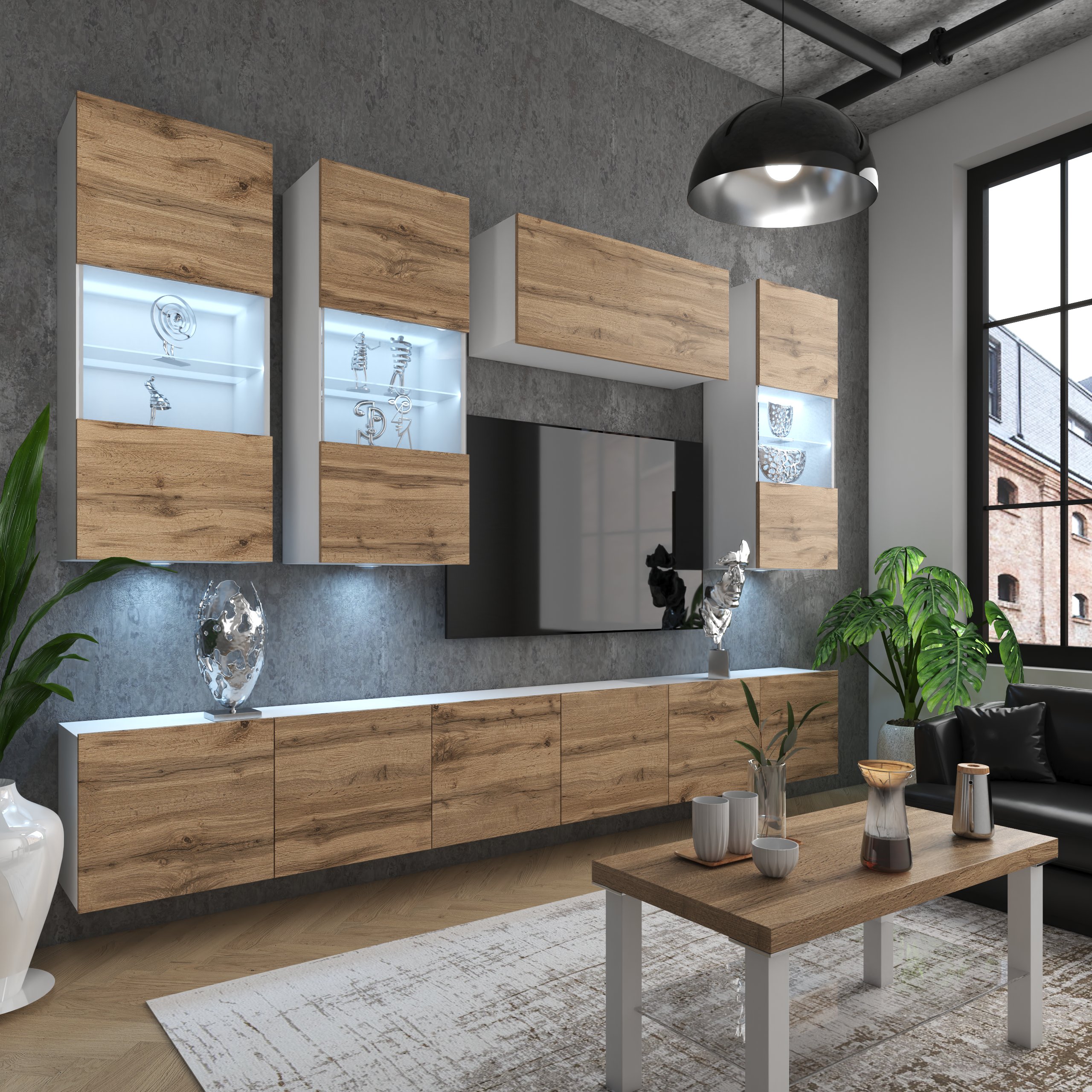Wohnzimmer mit Holzoptik und moderner Einrichtung