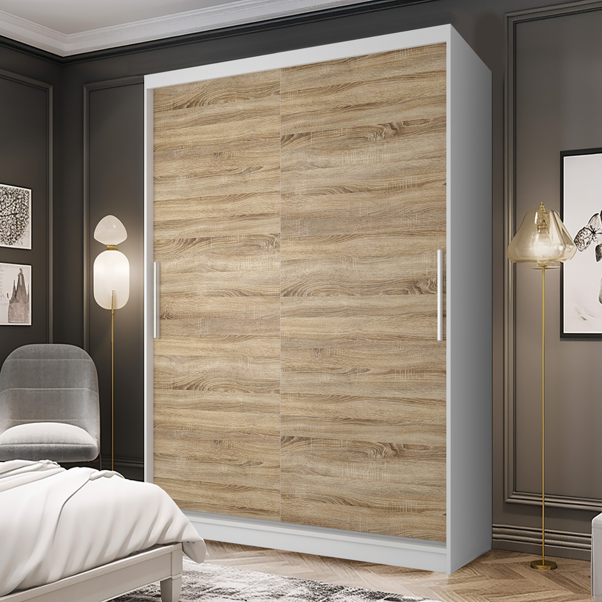 Schlafzimmer mit Holztüren-Kleiderschrank