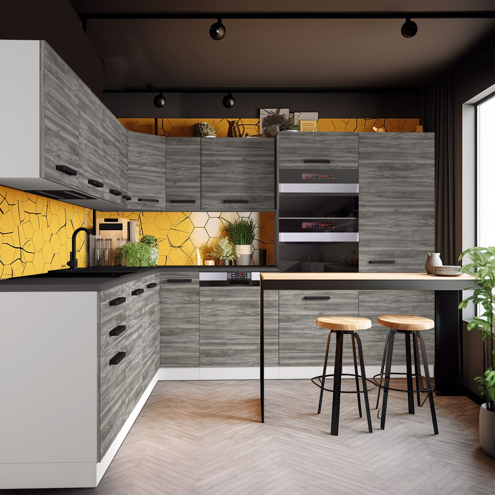 Küche in Holzoptik mit gelber Wabenrückwand
