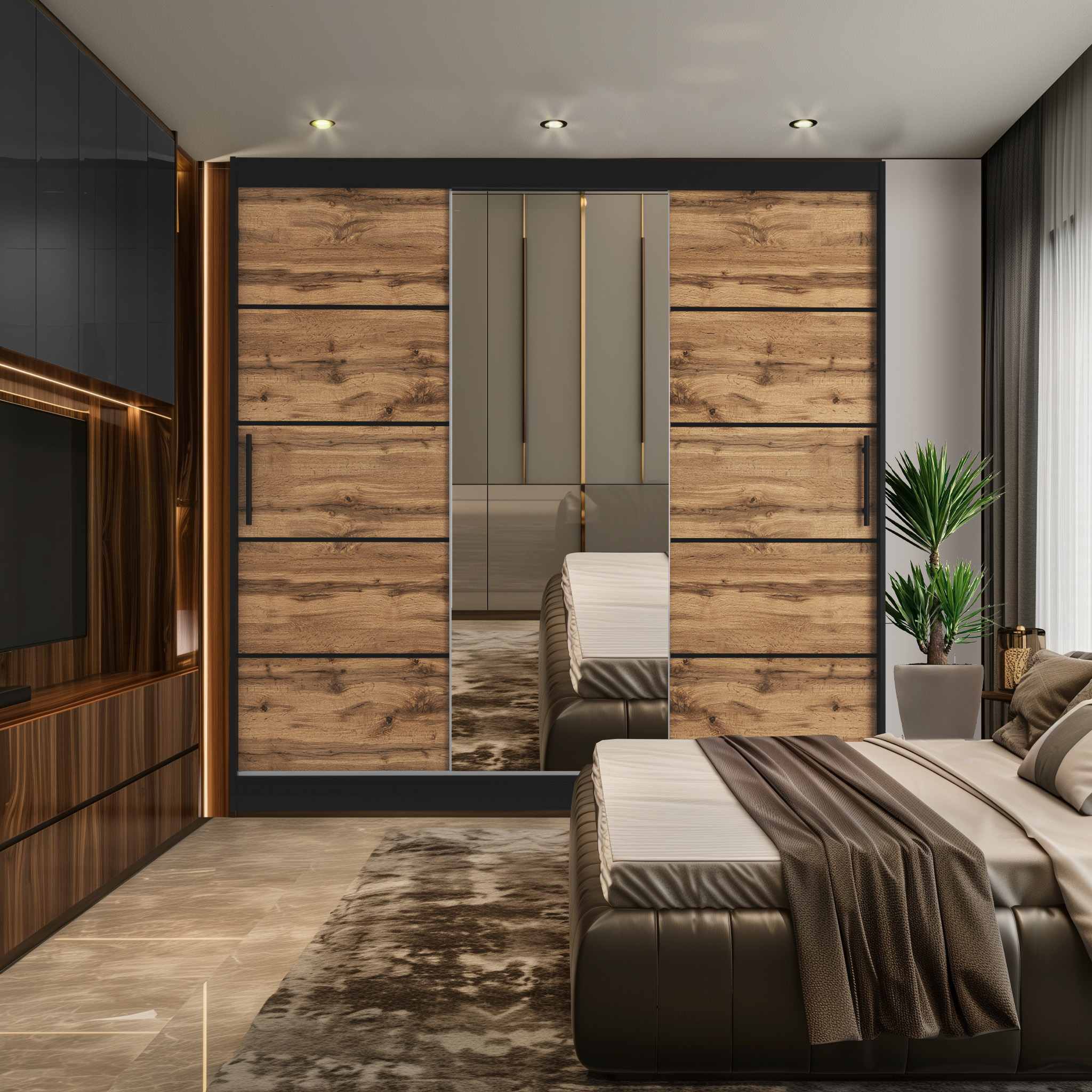 Schlafzimmer mit Holzakzent und Pflanzen